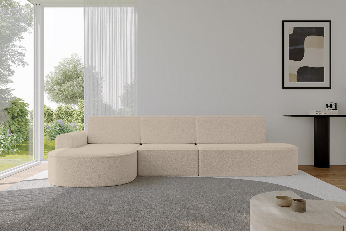 ECKSOFA mit Schlaffunktion Ottomane Links MARI L2-S 368X167X85 Dunkelbeige Bouclé - Hellbraun/Schwarz, Holzwerkstoff/Kunststoff (368/167cm) - ALTDECOR