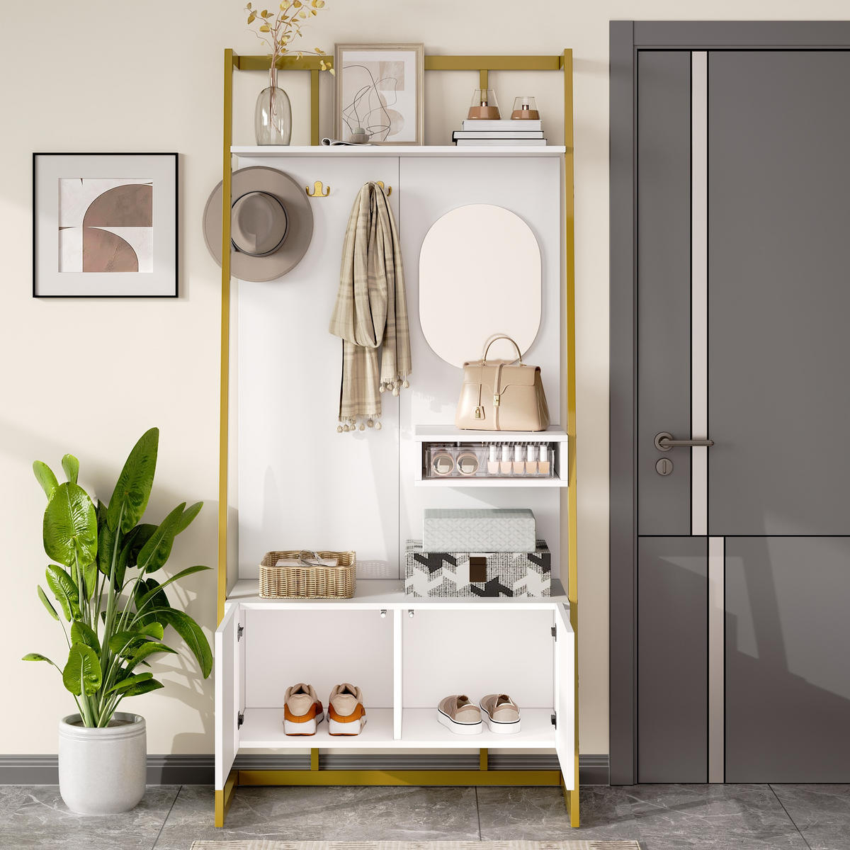 GARDEROBE Kompakt Spiegel Schuhbank Metallhaken - Weiß, Holzwerkstoff (38.5/180.5/78cm) - FLIEKS