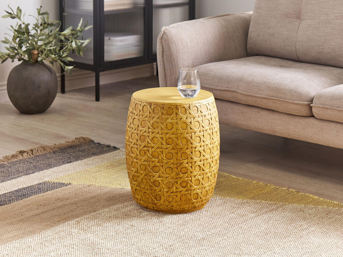 BEISTTELLTISCH Beton natürlich Rattan Optik rund 32 cm Sadole - Naturfarben, Stein (32/32/46cm) - Beliani