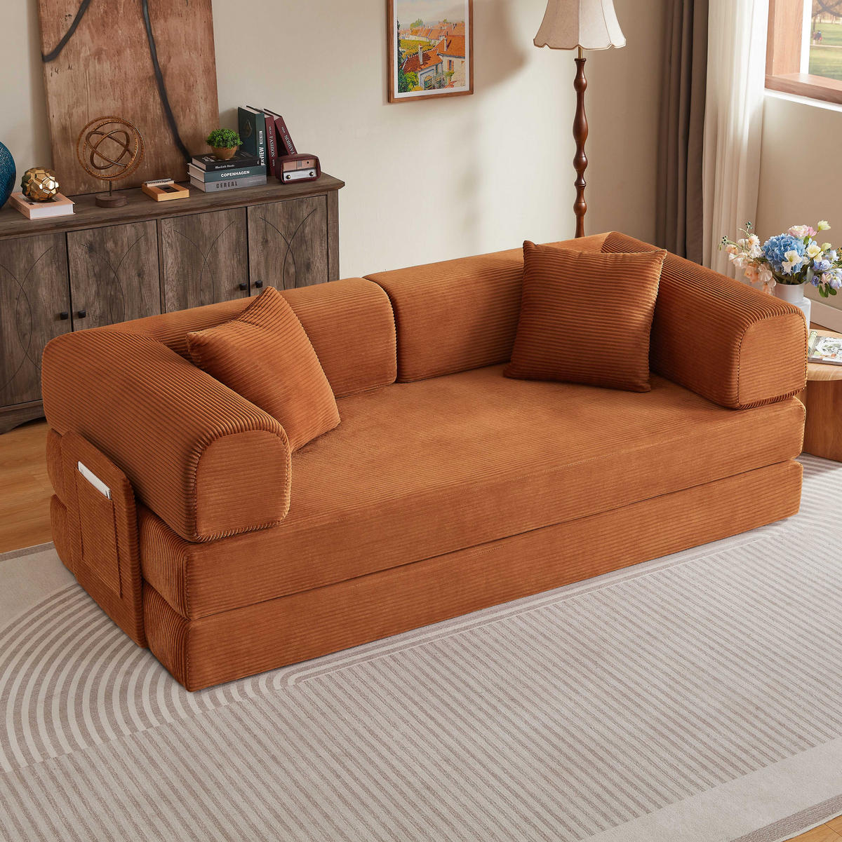 SCHLAFSOFA DE-34938 Tatami-Bodensofa mit 2 Kissen Terrakotta - Terracotta, Textil (204/65/97cm) - ComfortXL
