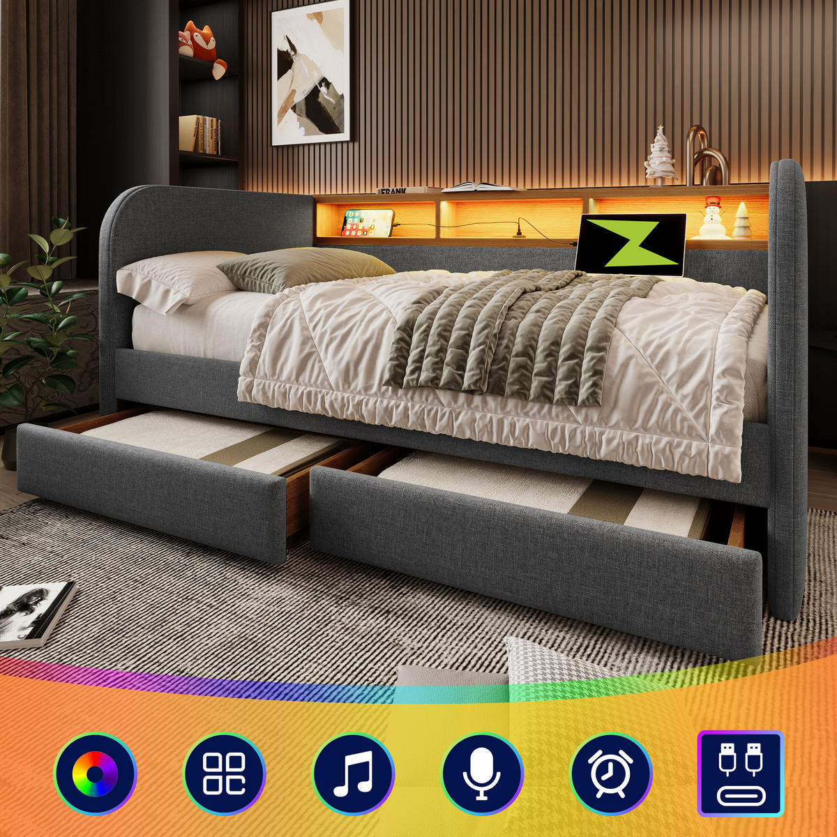 TAGESBETT 140/190 cm DE-00618, in Grau, LED und 2 Schubladen - Grau, Metall (140/190cm) - ComfortXL