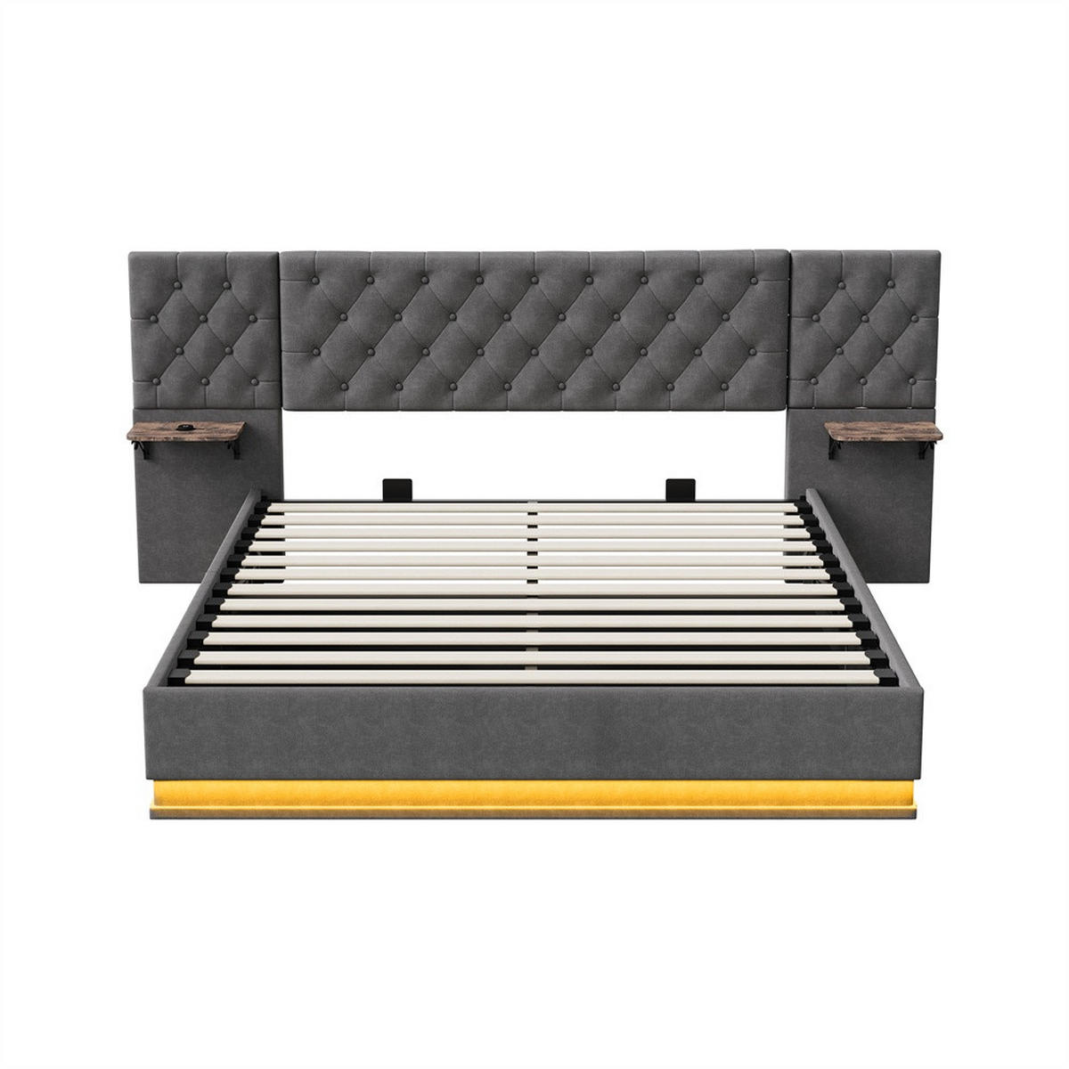 POLSTERBETT 160x200cm mit USB- & Type-C Ladeanschluss -Hydraulik-Stauraum und LED-Beleuchtung - Grau - Grau, Textil (160/200cm) - DELFA