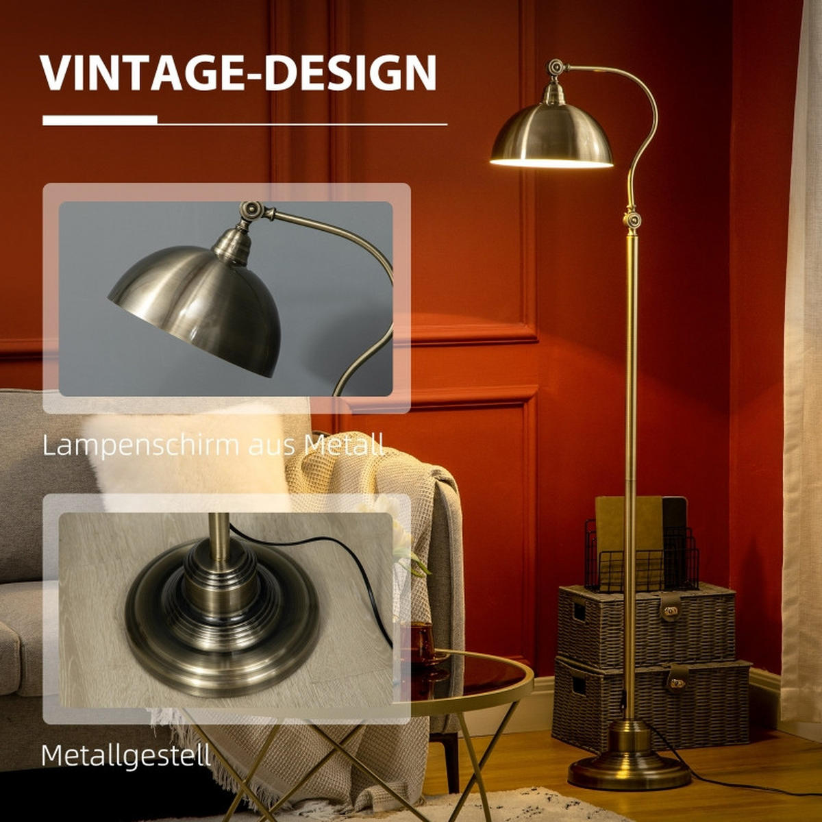 STEHLEUCHTE 152cm Stehlampe Retro Bogenlampe Messingoptik Verstellbar Wohnzimmer - Goldfarben, Metall (42/25.5/152cm) - Raelunyi