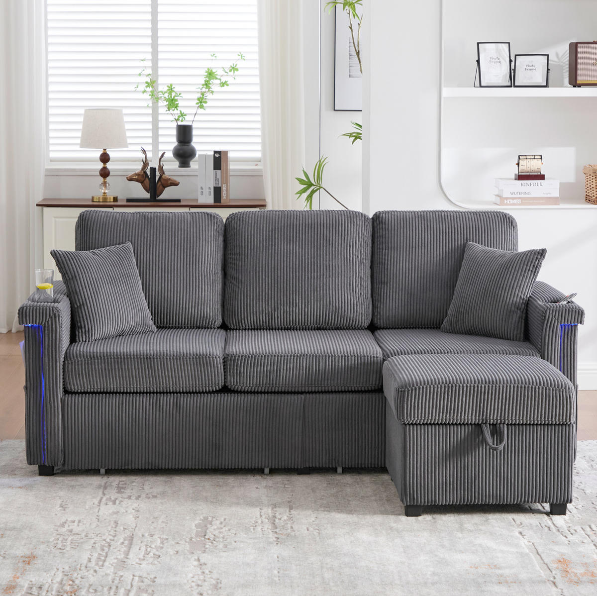 SOFA Corduroy mit LED und USB-Anschluss Stauraum 194/73/81 cm Dunkelgrau - Dunkelgrau, Textil (73/194cm) - Redom