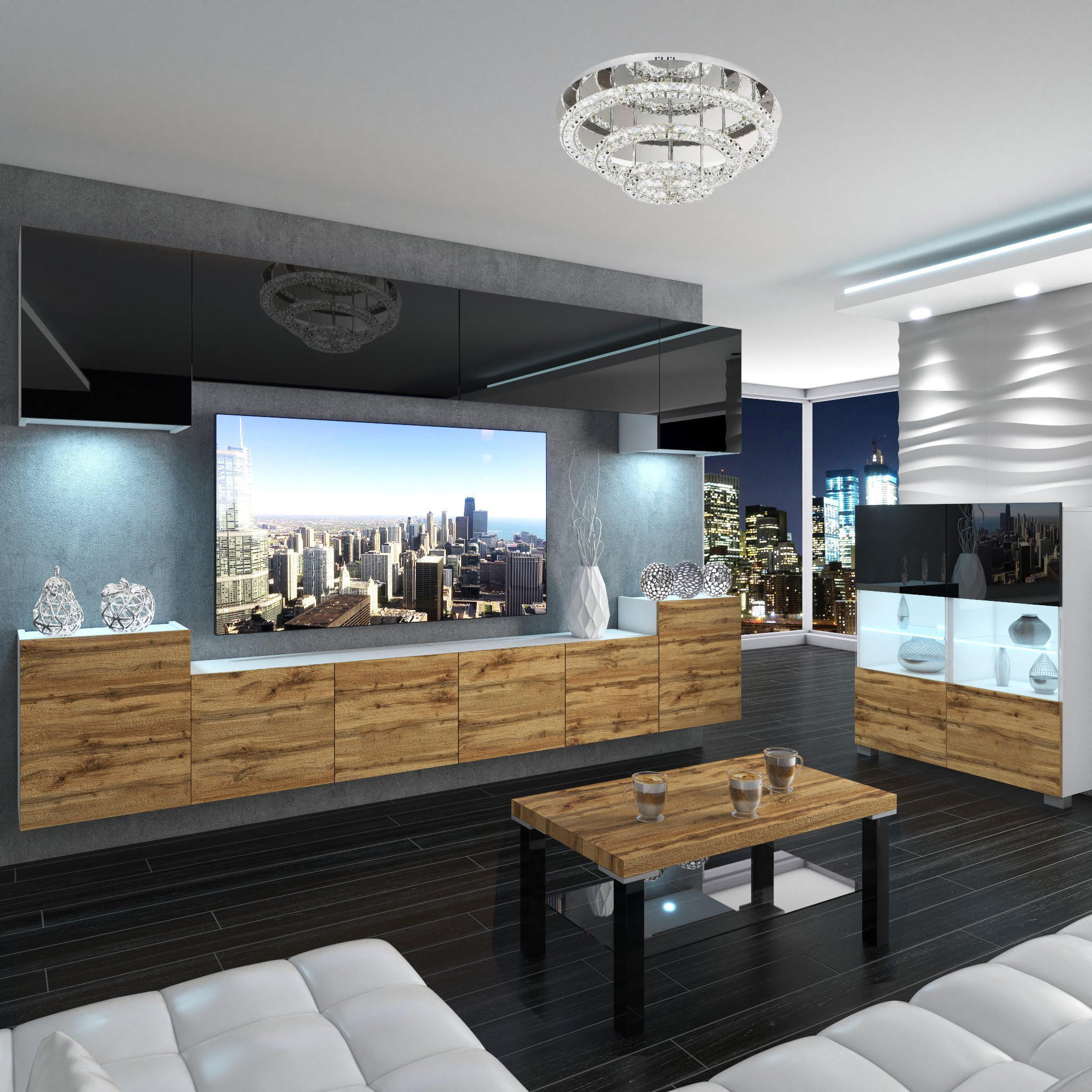 WOHNZIMMERWAND Schrankwand mit LED Schwarz Top / Wotan Eiche - Eichefarben/Schwarz, Holz (300/180/36cm) - B BELINI GROUP