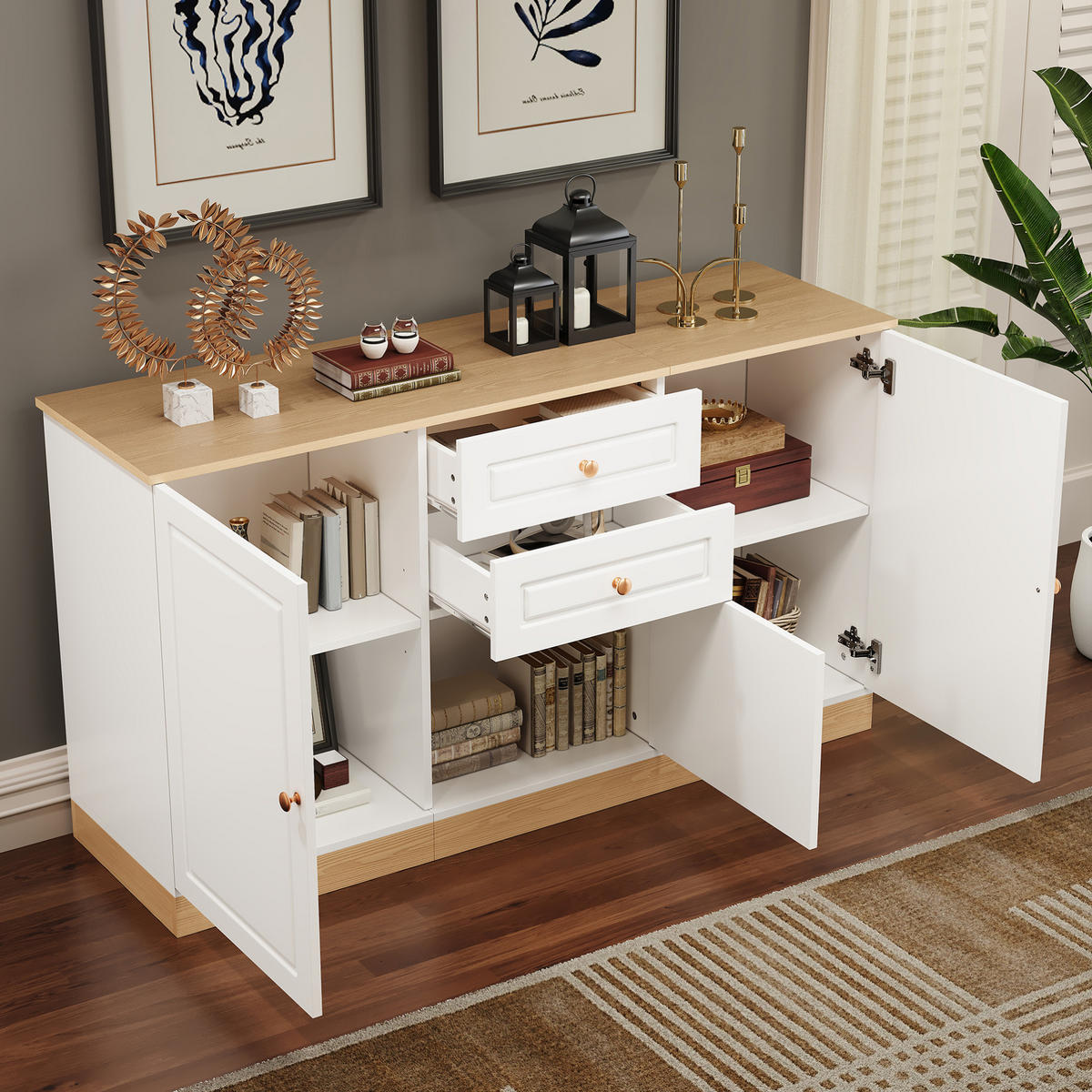 SIDEBOARD 135,5/39/76 cm mit 3 Türen & 2 Schubladen in Weiß und Holzoptik - Weiß, Holzwerkstoff (135.5/76/39cm) - BEAOK