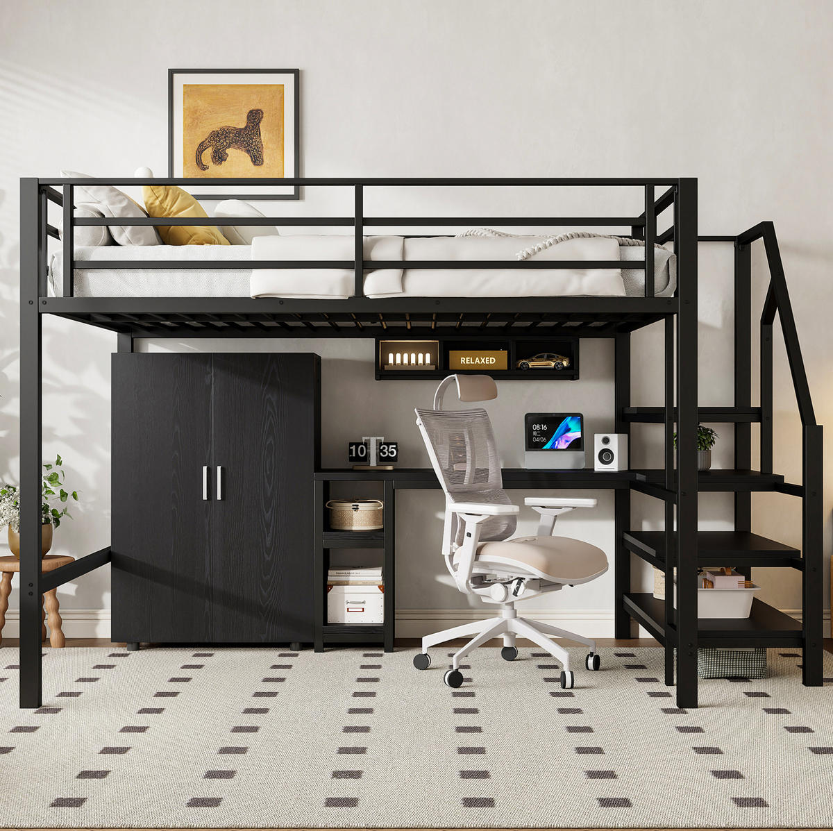 HOCHBETT 140/200 cm aus Metall/MDF mit Schreibtisch, Kleiderschrank und Regalen Schwarz - Schwarz, Metall (140/200cm) - Modenvie