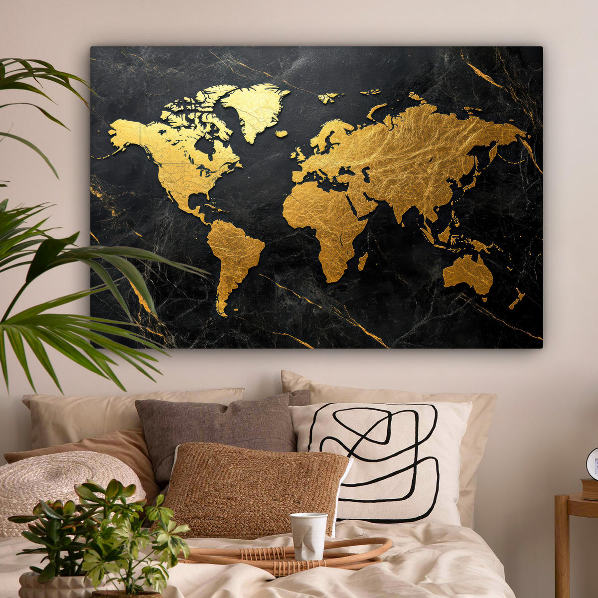 LEINWANDBILD Weltkarte - Gold - Marmor Wohnzimmer 120x80 cm - Goldfarben, Textil (120/80cm) - MuchoWow