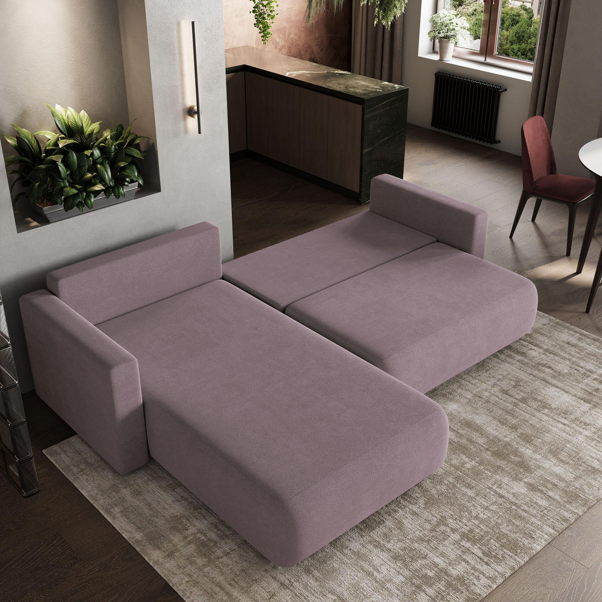 ECKSOFA TURIN Rosa Geflochtener Stoff mit Schlaffunktion - Rosa, Holz (265/183cm) - MASSENO