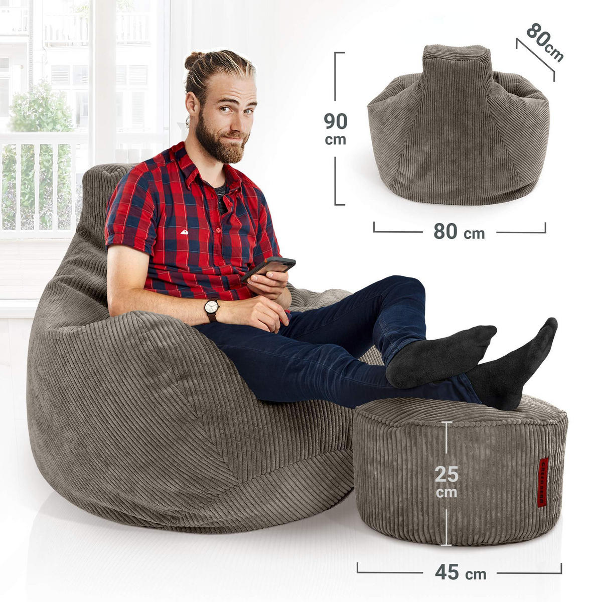 LOUNGE-SITZSACK Cozy + Fußhocker - Dunkelgrau, Textil (80/90/90cm) - Green Bean