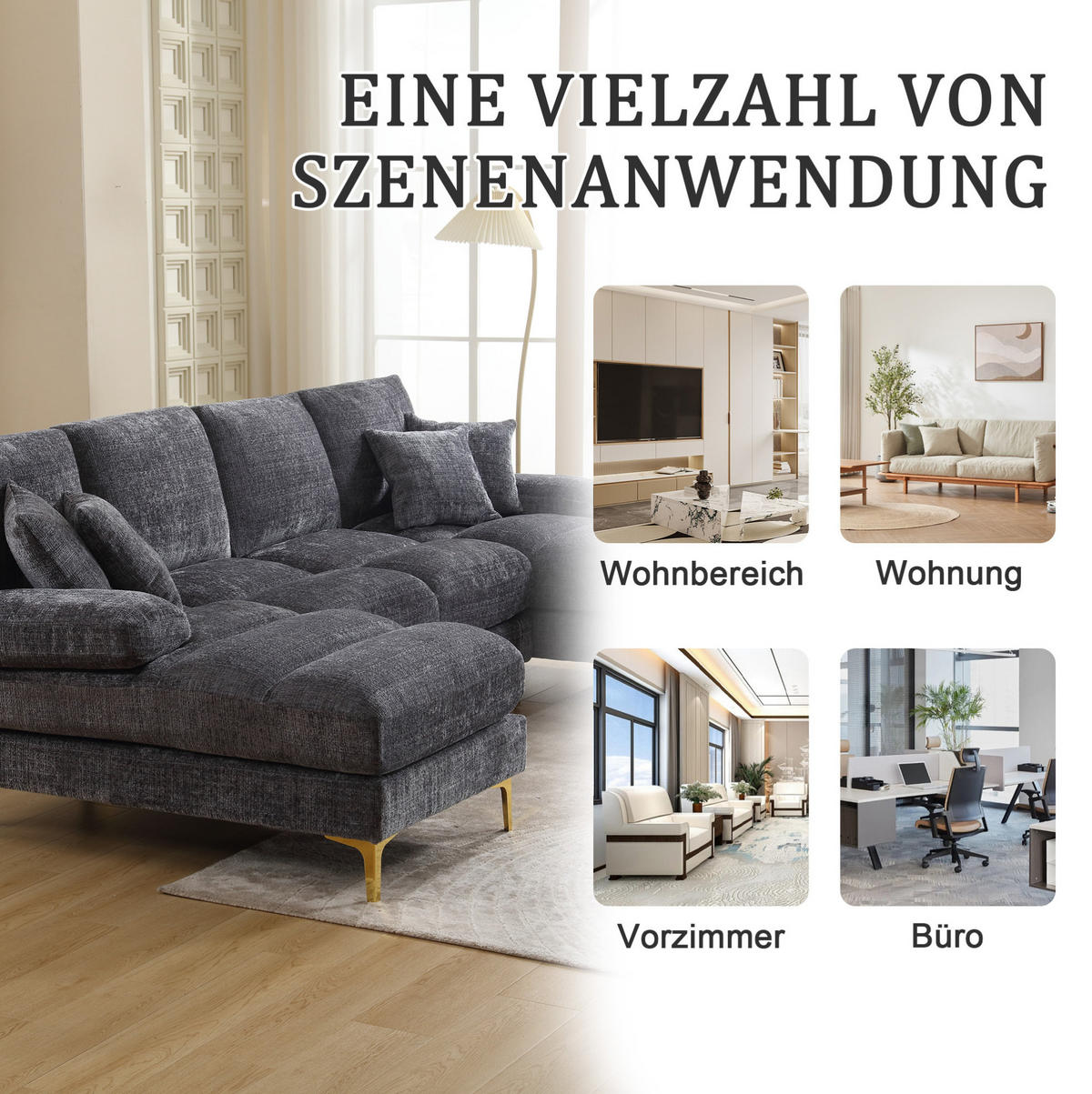 U-FORM Wohnlandschaft Chenille mit 2 Liegeflächen 272/136/88 cm Grau - Grau, Textil/Metall (136/88/272cm) - Redom