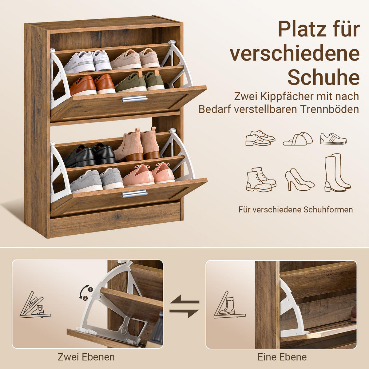 SCHUHSCHRANK Braun, 23 cm tief, 79 cm hoch, 2 Klappen, Einlegeboden verstellbar, ca. 8 Paar Schuhe, für Flur und Diele - Braun/Weiß, Holzwerkstoff/Metall (60/79/23cm) - SoBuy