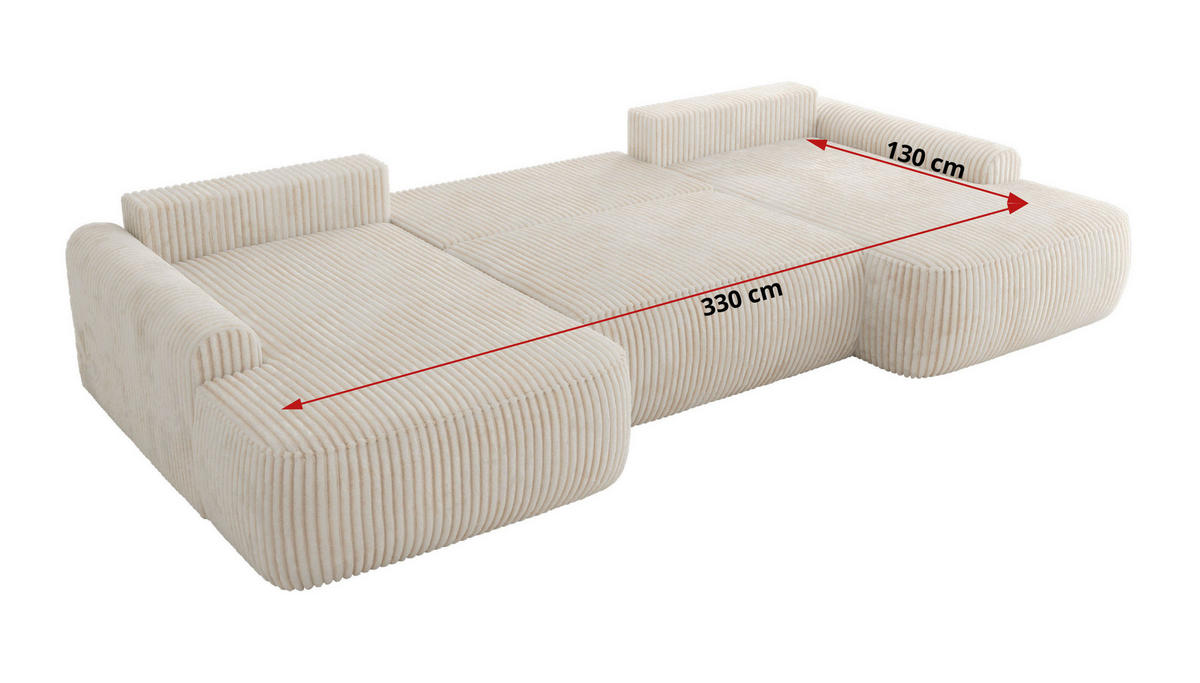 WOHNLANDSCHAFT CUBO U Creme Cord - Creme/Schwarz, Kunststoff/Textil (370/100/187cm) - MKS