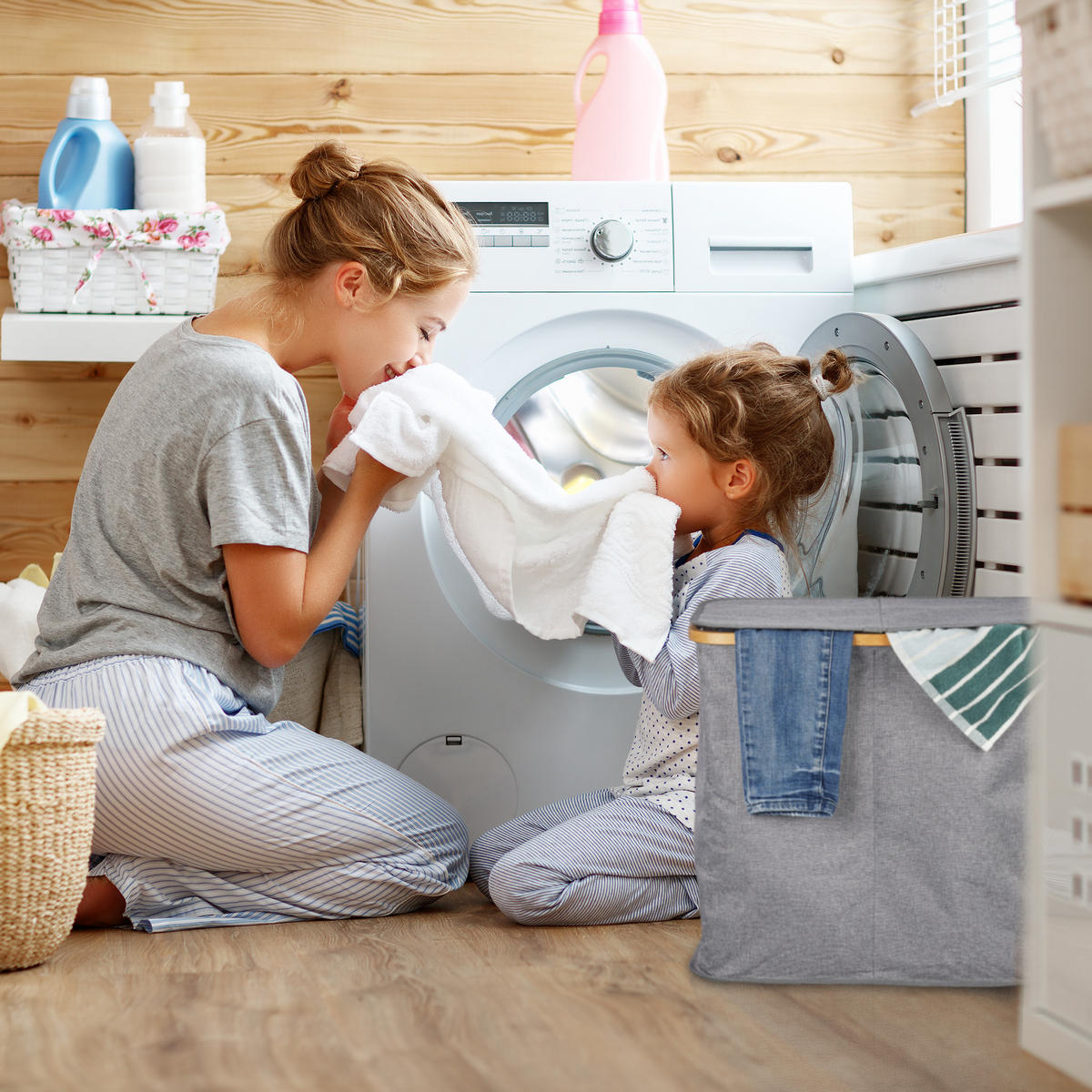 DOPPELWÄSCHEKORB - Grau, Holz/Textil (33.5/54/50cm) - Relaxdays