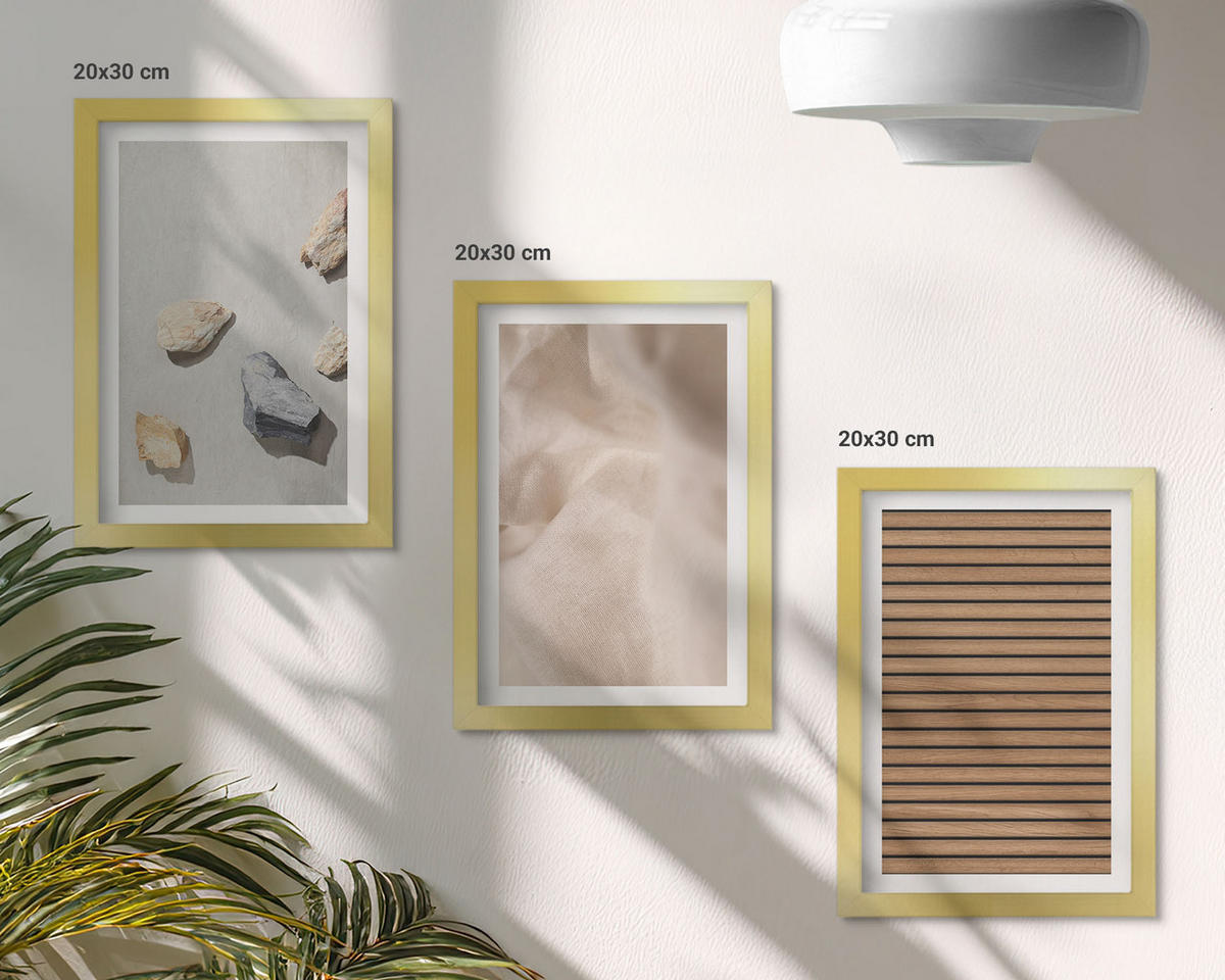 WANDBILDER 3er Set - 20x30 cm Goldrahmen - Steine, Holz, Stofftexturen - Goldfarben, Kunststoff (20/30cm) - ArtPrintCave