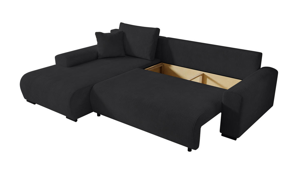 ECKSOFA Nelly mit Bettkasten und Schlaffunktion, Cordstoff in L-Form - Schwarz, Textil (270/185cm)