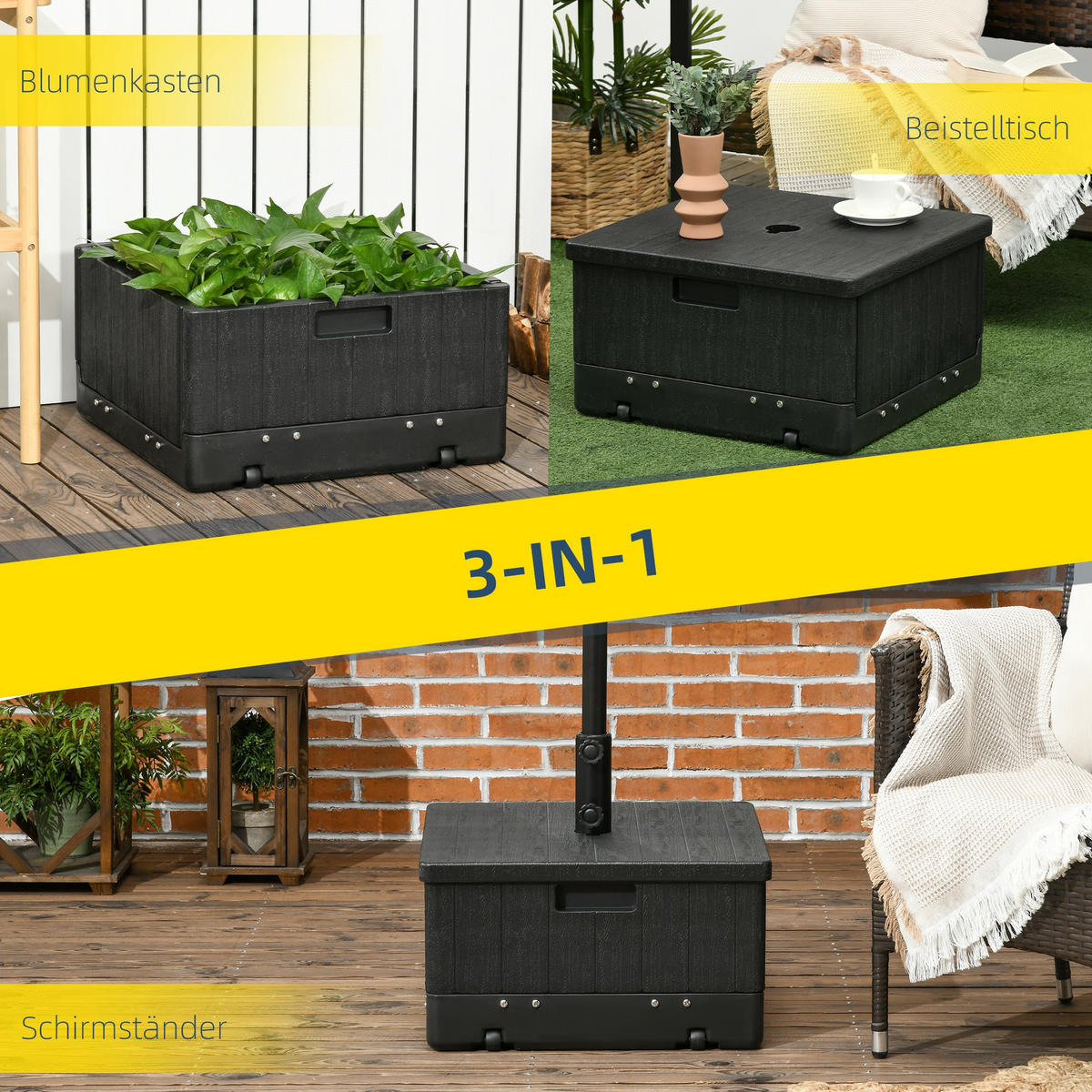 SONNENSCHIRMSTÄNDER mit Griff, Rollen, Hochbeet, bis 80 kg Sand befüllbar für Ø38/48 mm Schirmstangen Schwarz - Schwarz, Kunststoff (53/53cm) - Outsunny