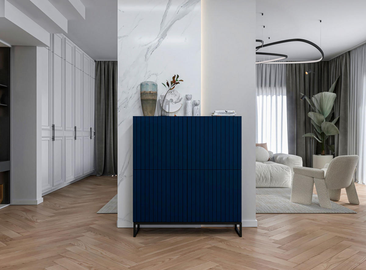 KOMMODE Elpis 4D Marineblau Matt mit metallrahmen Glamour 112 cm - Blau/Schwarz, Holzwerkstoff/Metall (112/126/36.5cm) - Meble Lindner