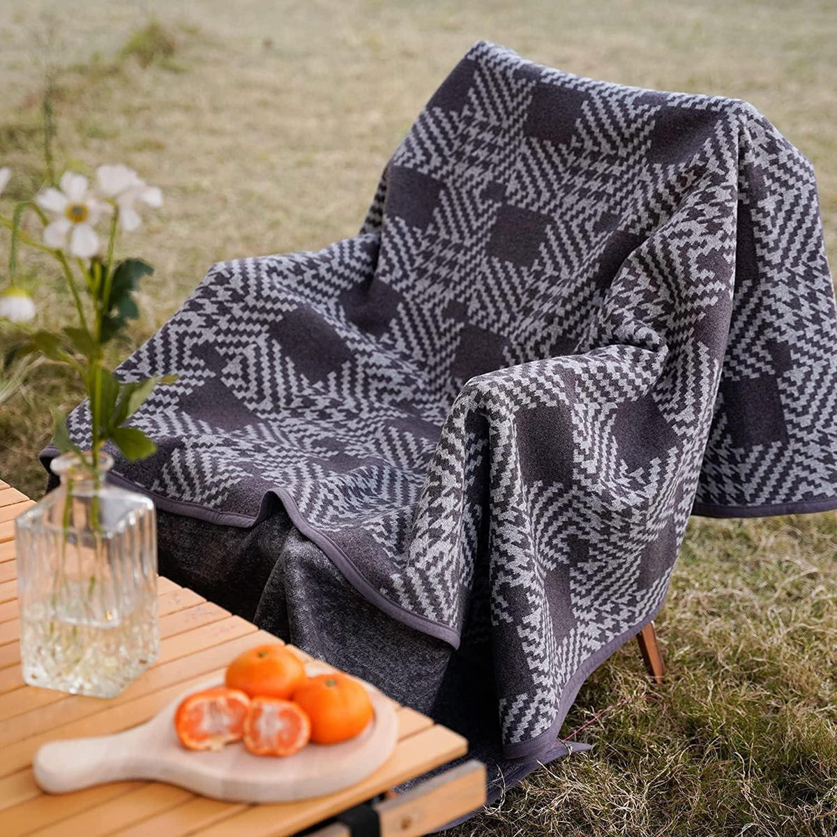 WOHNDECKE Merino 160 x 220 cm Houndstooth Grey - Multicolor, Textil (160/220cm)