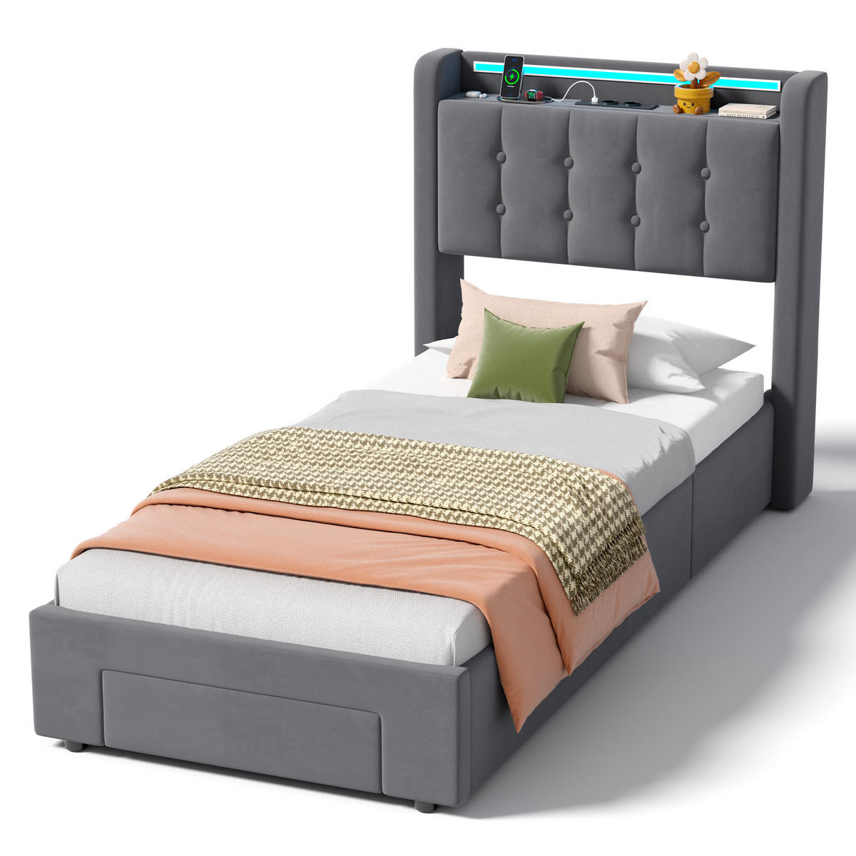 POLSTERBETT 90/200 cm Grau mit LED-Lichtleiste und USB-Anschlüssen - Grau, Holzwerkstoff (90/200cm) - OKWISH