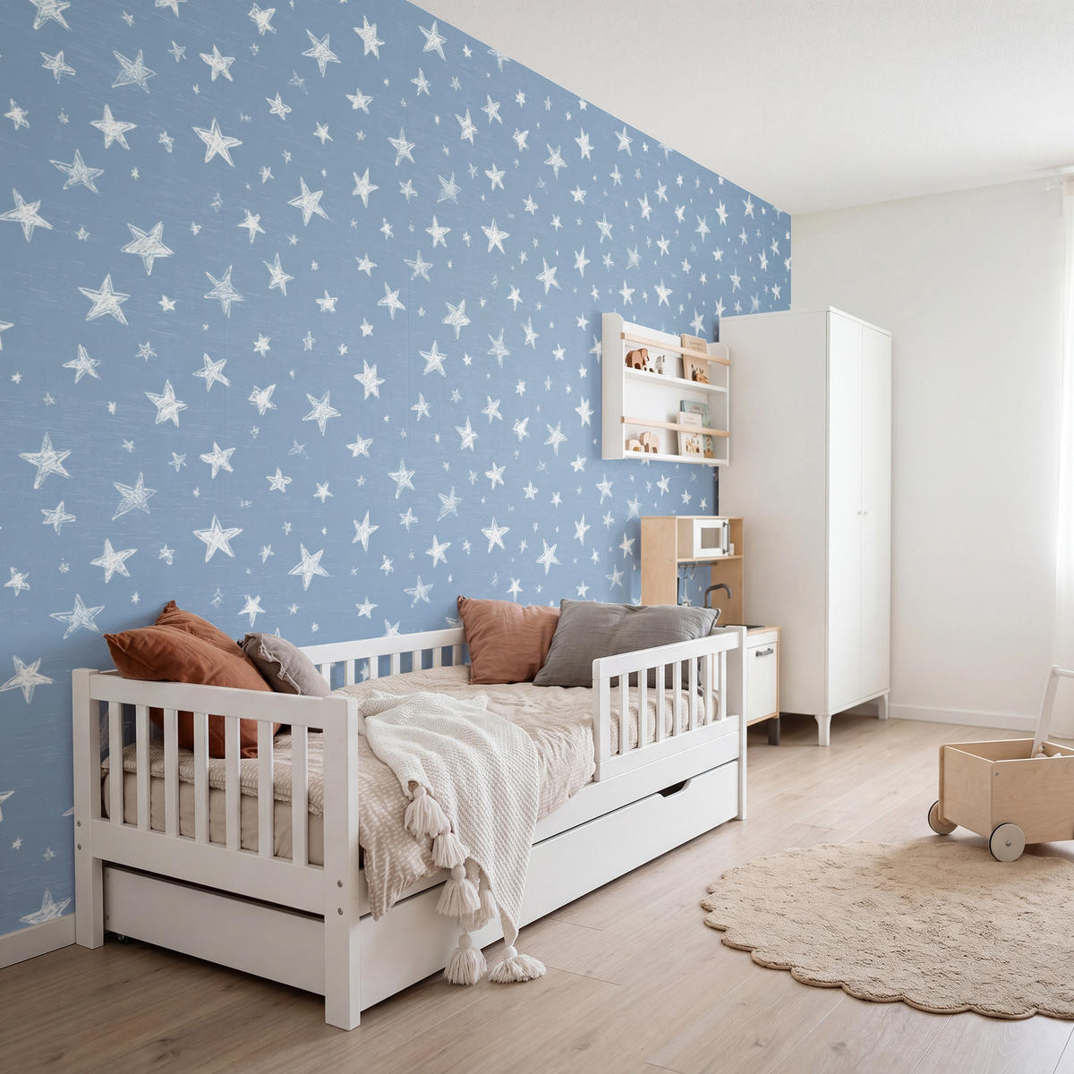 KINDERTAPETE - Sterne - Muster - Blau - 450x300 cm - Hellblau, Papier (450/300cm) - OnlyWow