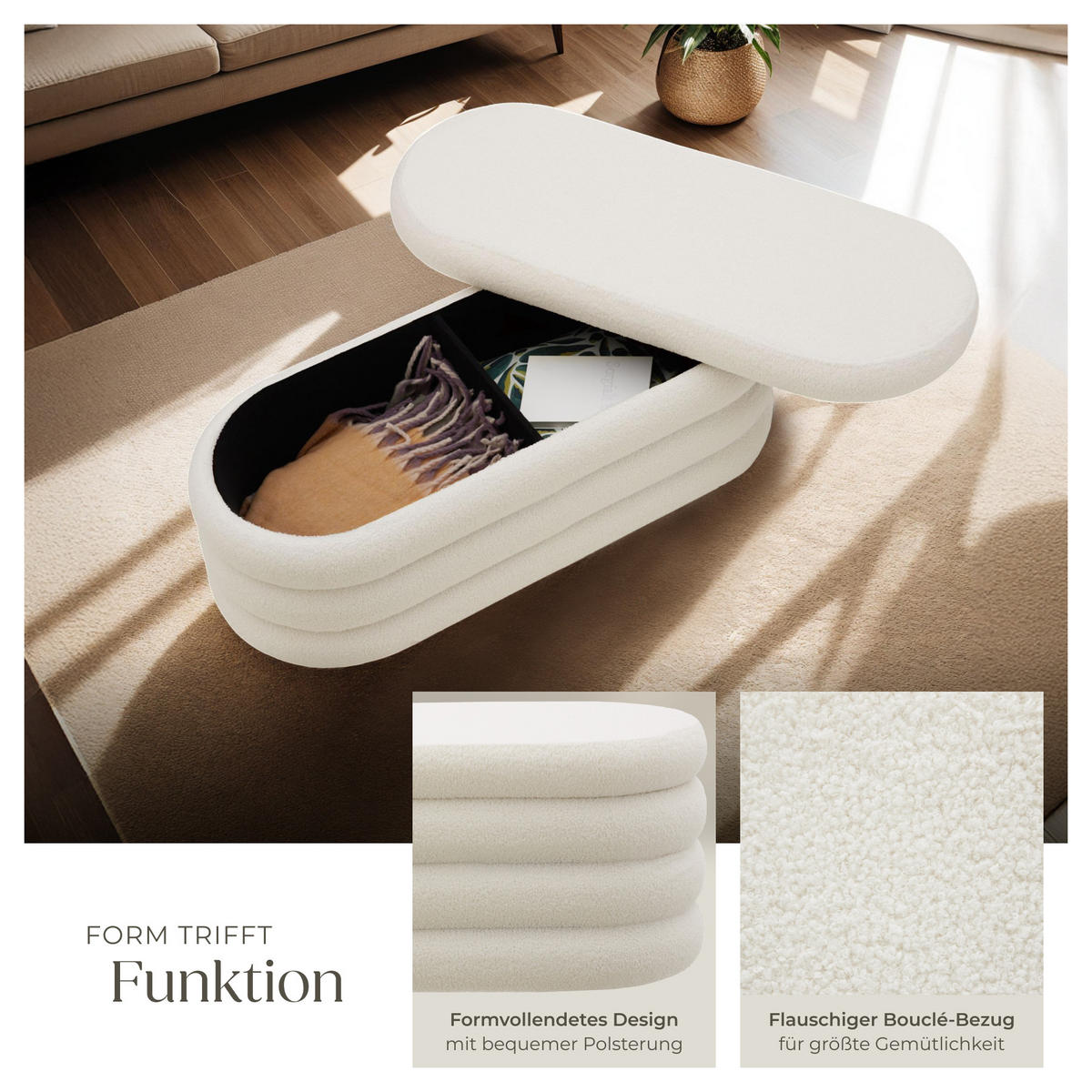 POLSTERBANK Altu,110 x 45 x 42 cm,Bouclé creme-weiß - Creme/Weiß, Holz (110/42/45cm) - tectake
