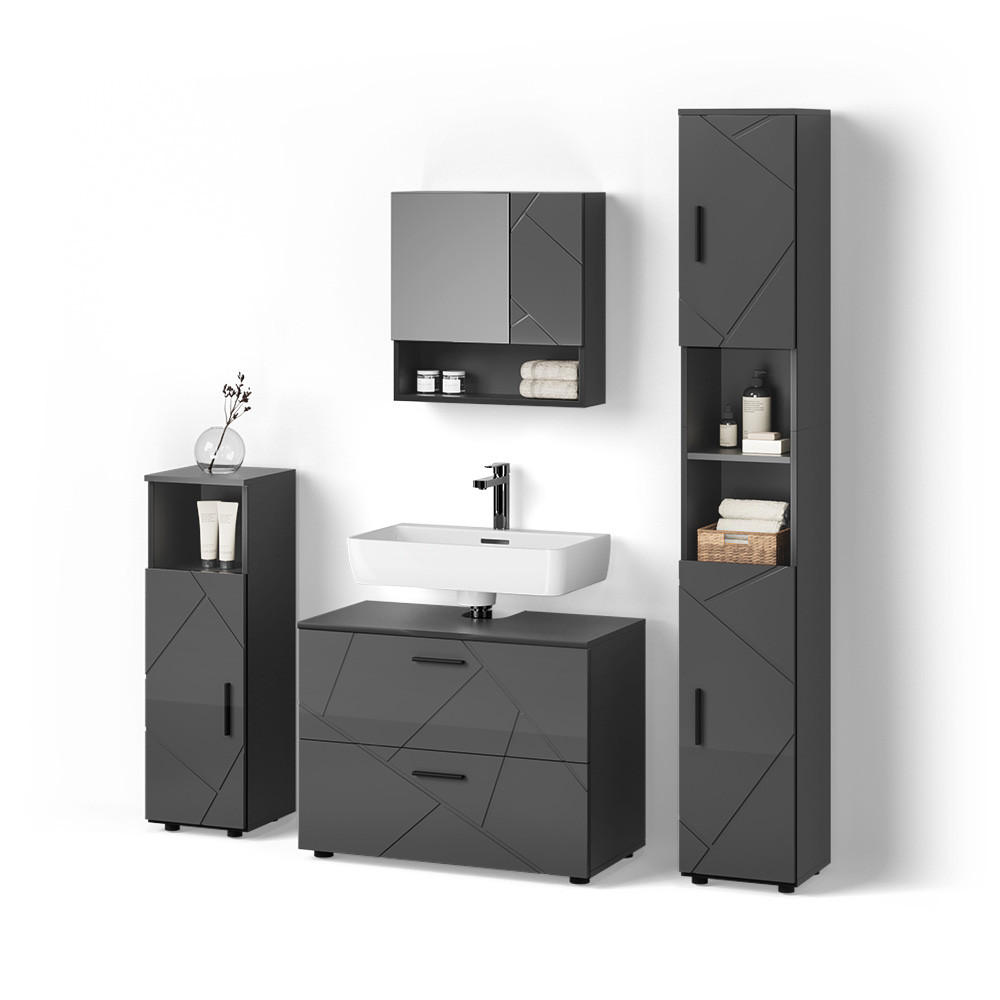 BADMÖBEL-SET Ronco Anthrazit Hochglanz 4 Teile, mit Schubladenschrank und Hochschrank - Schwarz Hochglanz/Anthrazit, Holzwerkstoff (80/58/41cm) - Livinity®