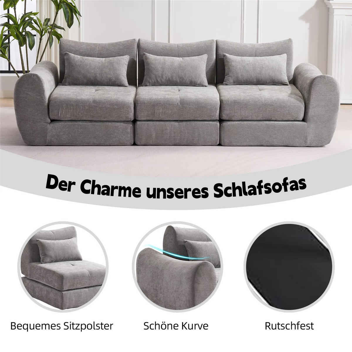 SCHLAFSOFA 3-Sitzer, Chenille Sofa mit Kompressionsdesign, Grau - Grau, Textil (262/78/97cm) - Kaket