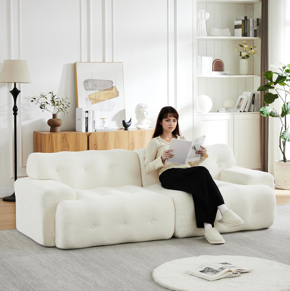 SOFA Zweisitzer modular 224 x 104 cm Chenille Beige - Weiß, Holzwerkstoff (104/66/224cm) - Meubliv
