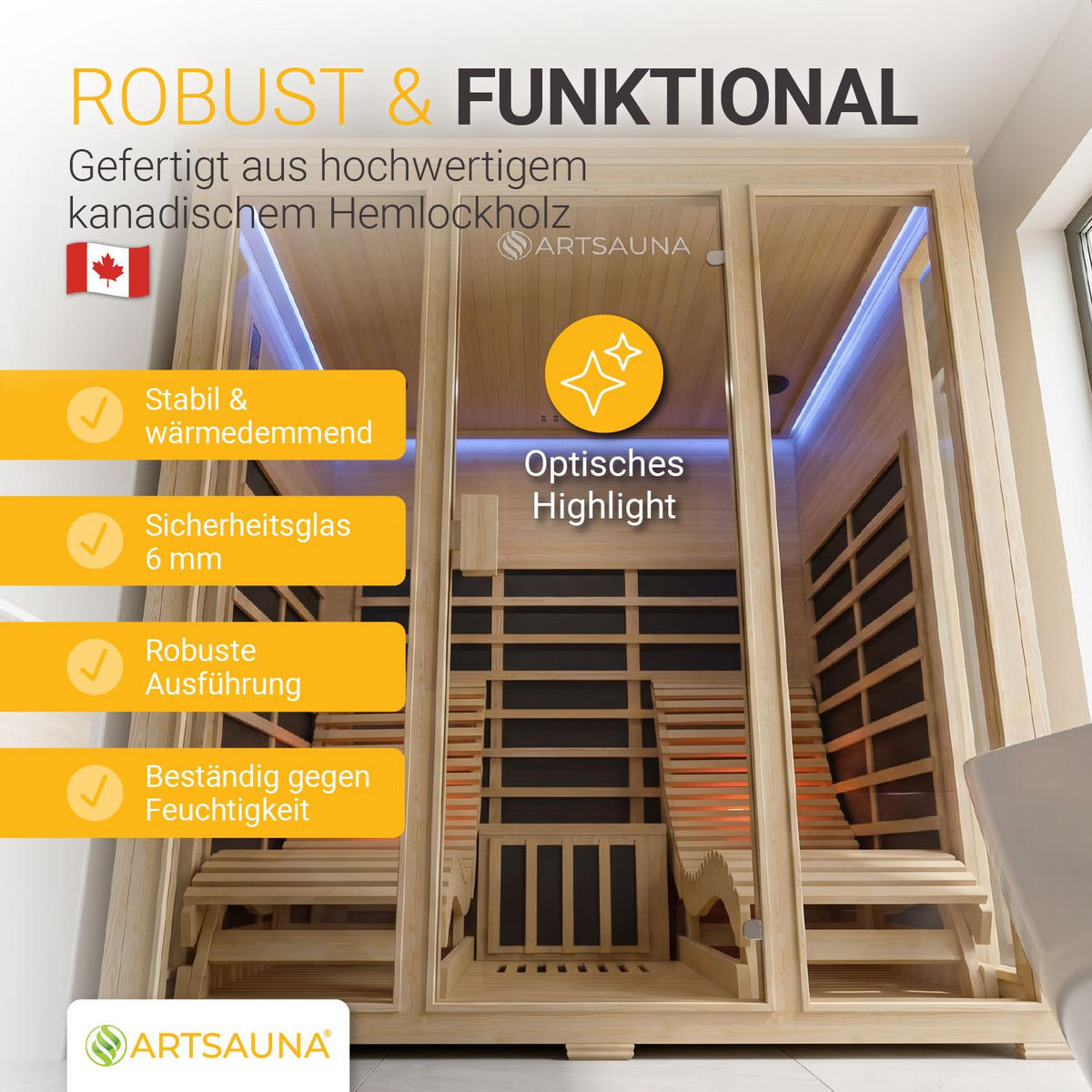 INFRAROTKABINE Billund mit Dual-Heizsystem & Hemlockholz - Naturfarben, Holz (170/190/190cm) - Artsauna