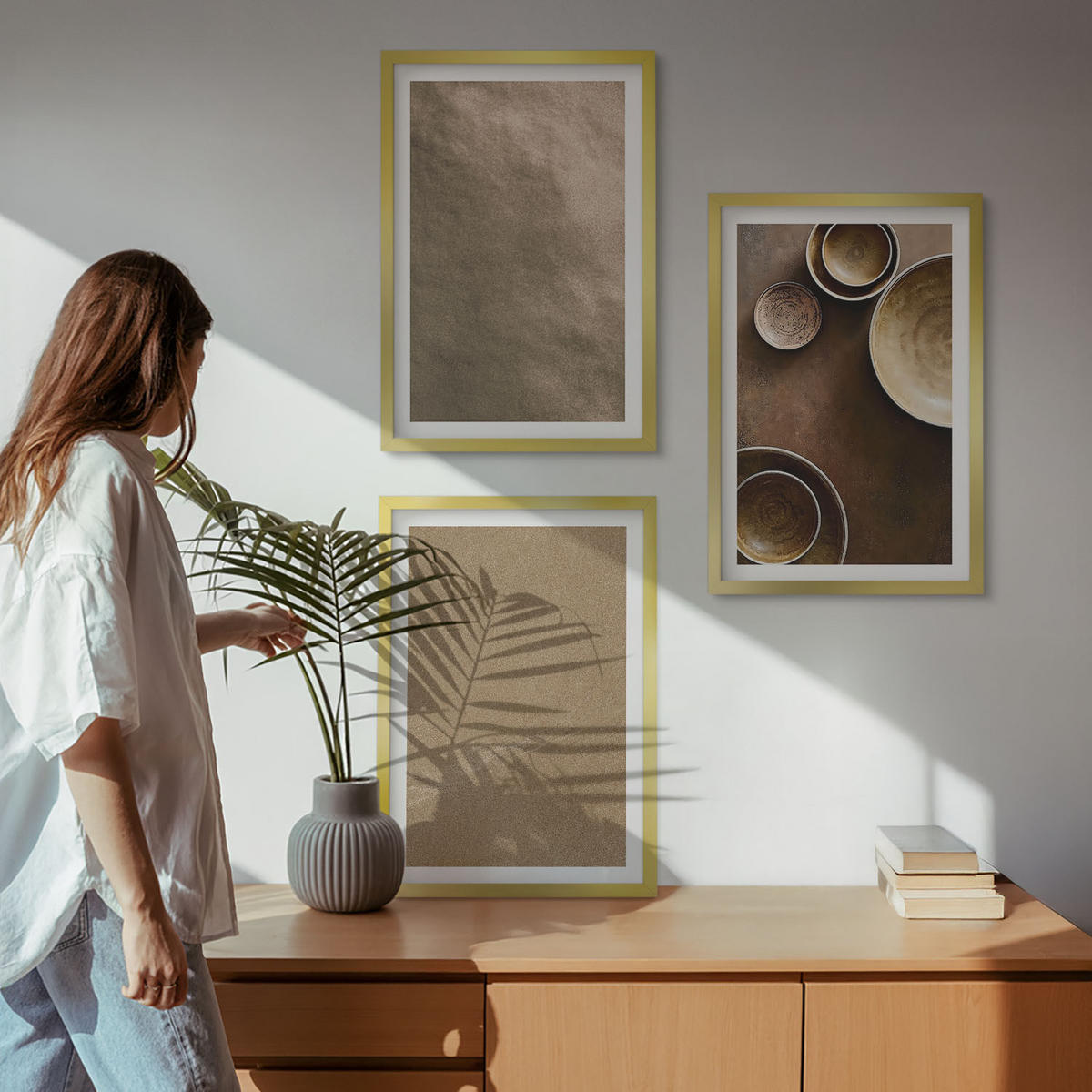 WANDBILDER 3er Set - 40x60 cm Goldrahmen - Minimalistische Steinstrukturen - Goldfarben, Kunststoff (40/60cm) - ArtPrintCave
