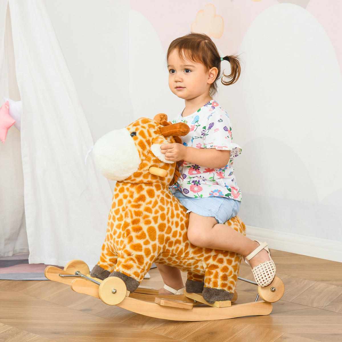 KINDER SCHAUKELTIER, Gelb, Plüsch+ Pappel - Gelb, Holz (38/63/63cm) - HOMCOM