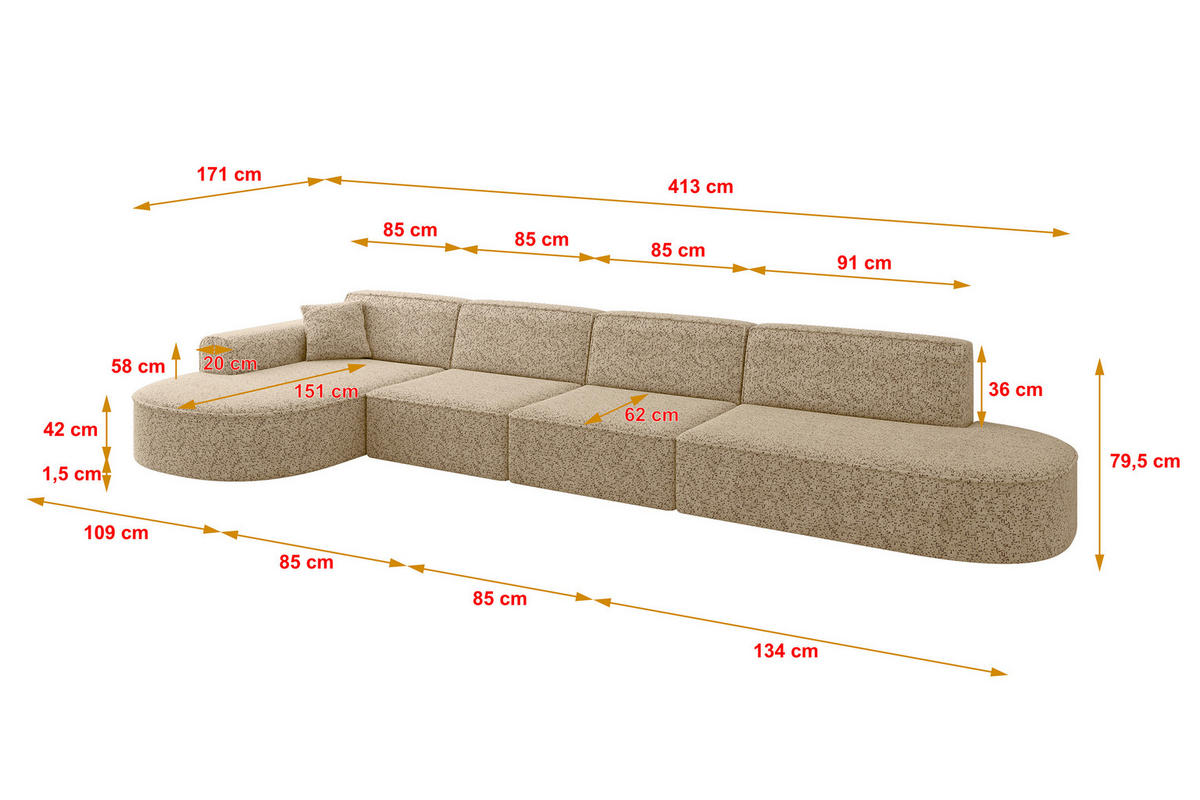 ECKSOFA Ottomane Links MARI-L3 - 413x171x79 cm Braun Tissu - Schwarz/Braun, Holzwerkstoff/Kunststoff (413/171cm) - ALTDECOR