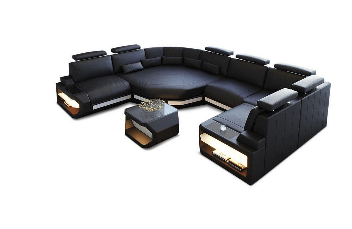 WOHNLANDSCHAFT Asti U Mini - Schwarz/Weiß, Leder (352/93/280cm) - Sofa Dreams