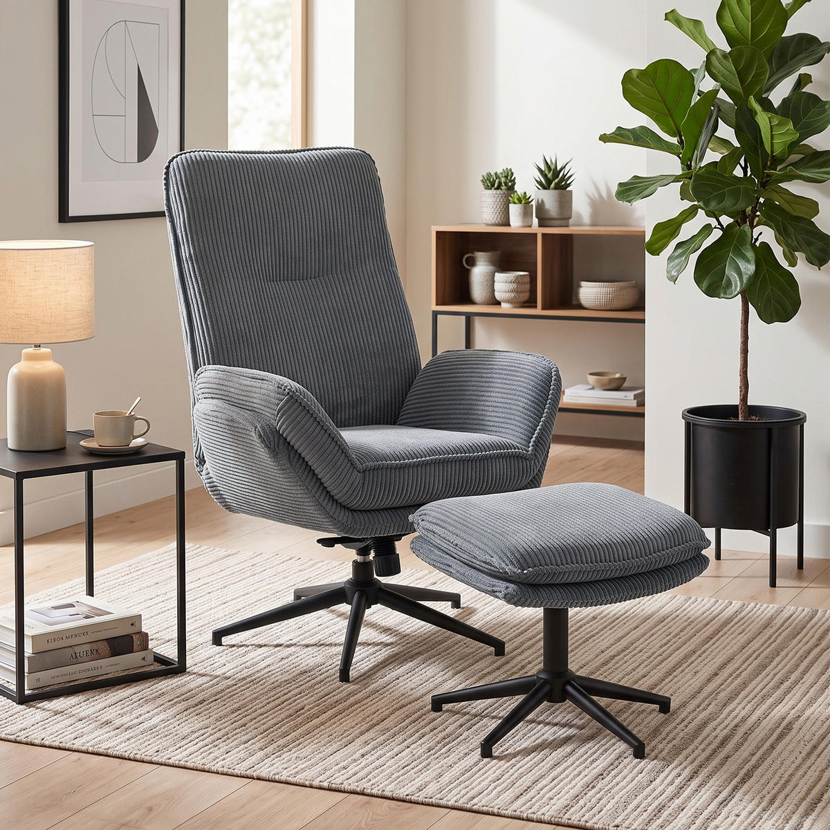 RELAXSESSEL mit Hocker Polyester Grau - Schwarz/Grau, Textil/Metall (72/107/83cm) - HOMCOM
