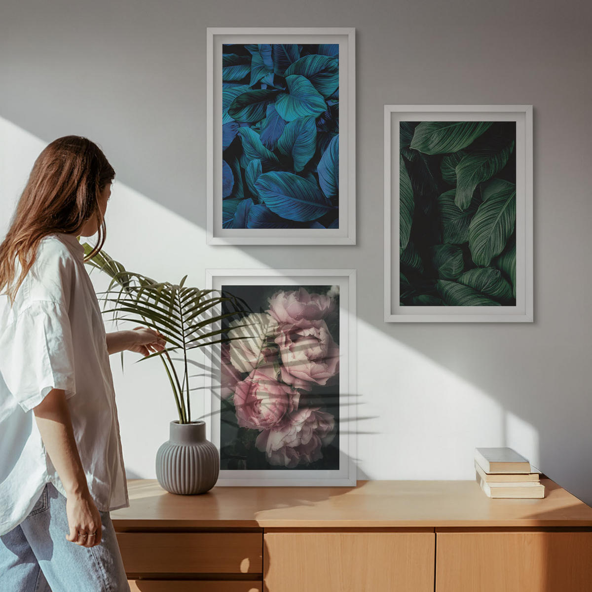 BILDER SET 3er Set - 40x60 cm Weißer Rahmen - Blätter, Blüten, verschiedene Farben - Weiß, Kunststoff (40/60cm) - TULUP