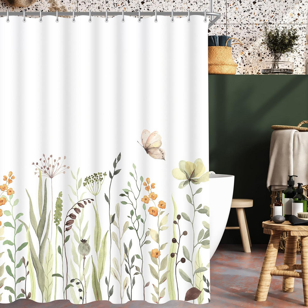 DUSCHVORHANG Schmetterling floral Muster wasserdicht mit Haken fürs Badezimmer Badewanne - Weiß, Textil (180/200cm) - MCBOSON