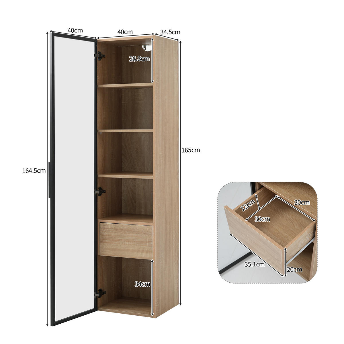 HOCHSCHRANK 40x34.5x165 cm Naturfarben mit gehärtetem Glas & offenen Fächern - Naturfarben, Holzwerkstoff (40/165/34.5cm) - Modfu