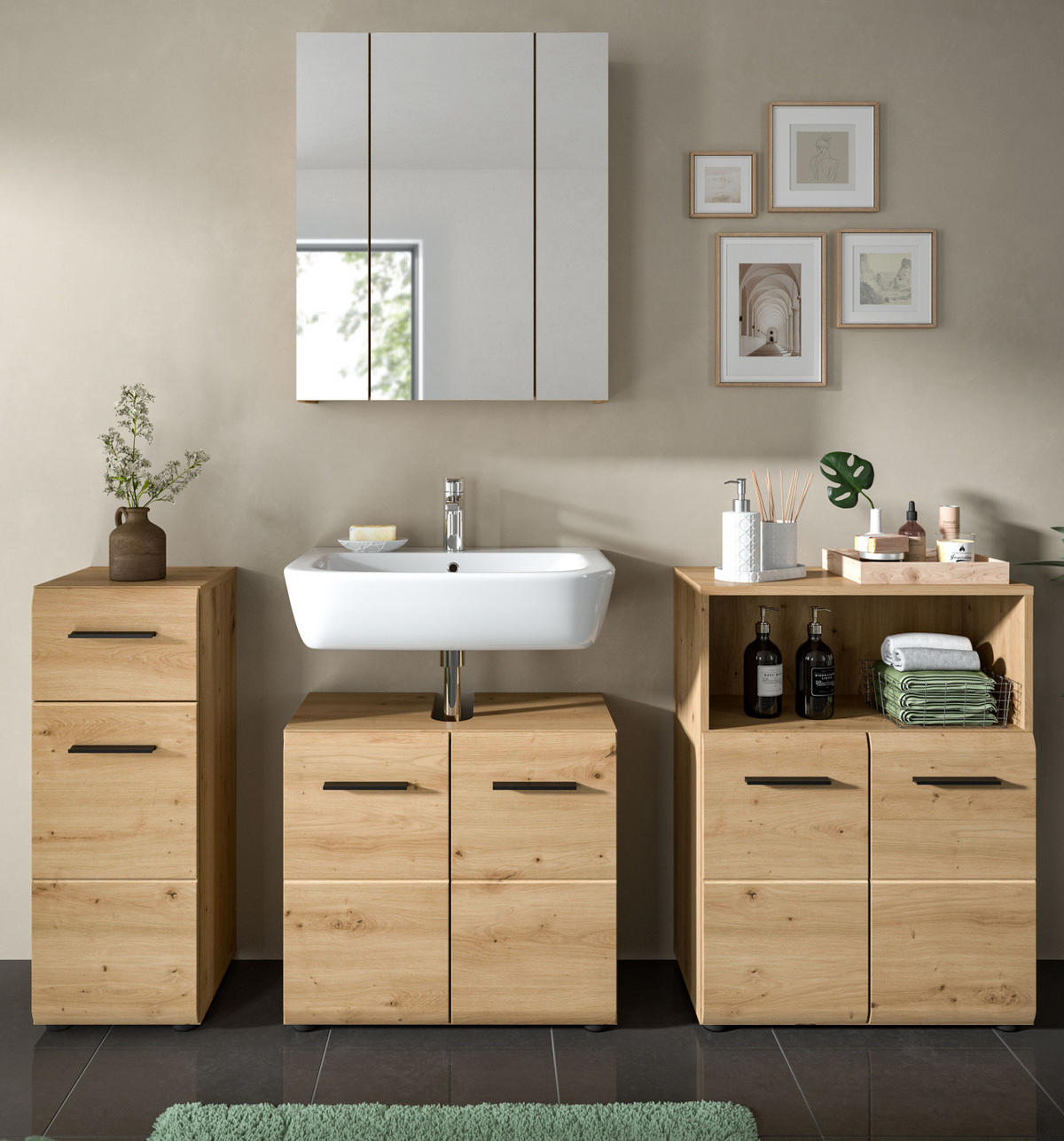 BADMÖBEL-SET 4-teilig in Artisan Eiche, Badkombination 180 x 185 cm, Cover - Schwarz/Eiche Artisan, Glas/Holzwerkstoff (180/185/30cm) - Inn.Furn