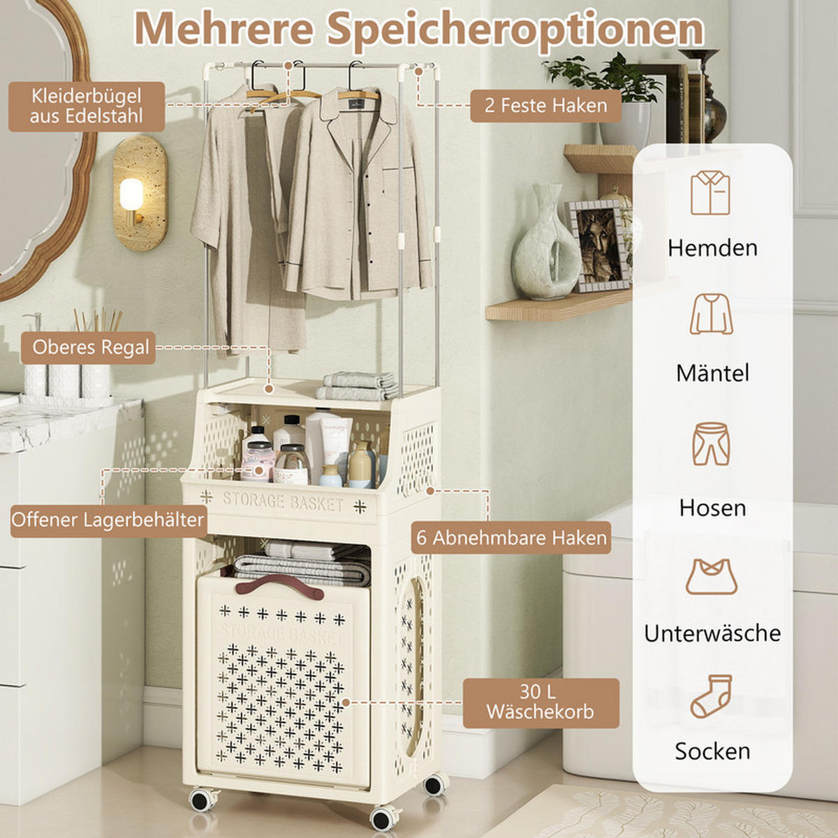 KLEIDERSTÄNDER auf Rollen beige - Beige, Kunststoff (40/136/29.5cm) - COSTWAY