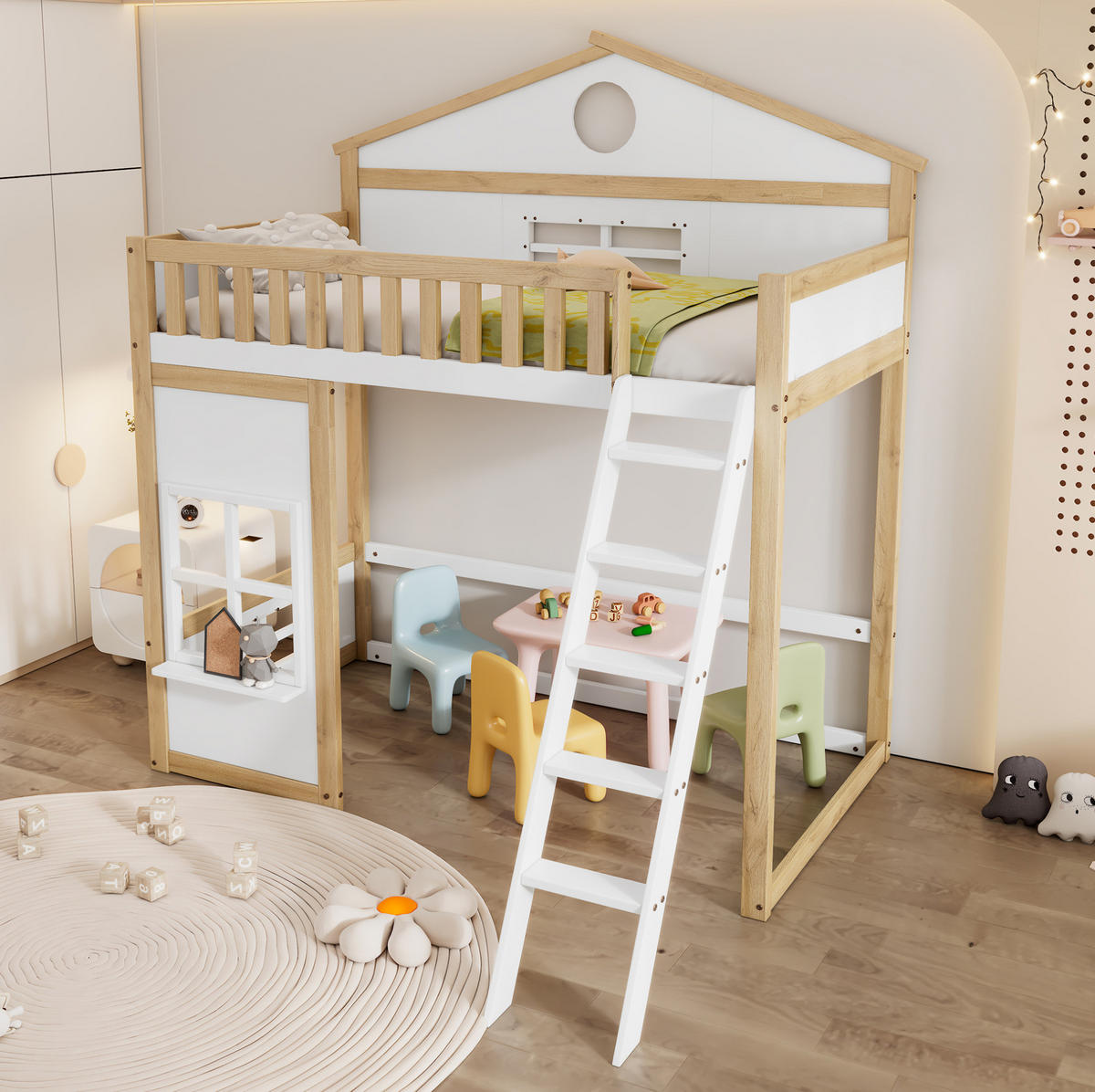 ETAGENBETT 90/200 cm Weiß Natur mit Treppe, Dach und Fenstern - Weiß, Holz (90/200cm) - MIVRAY