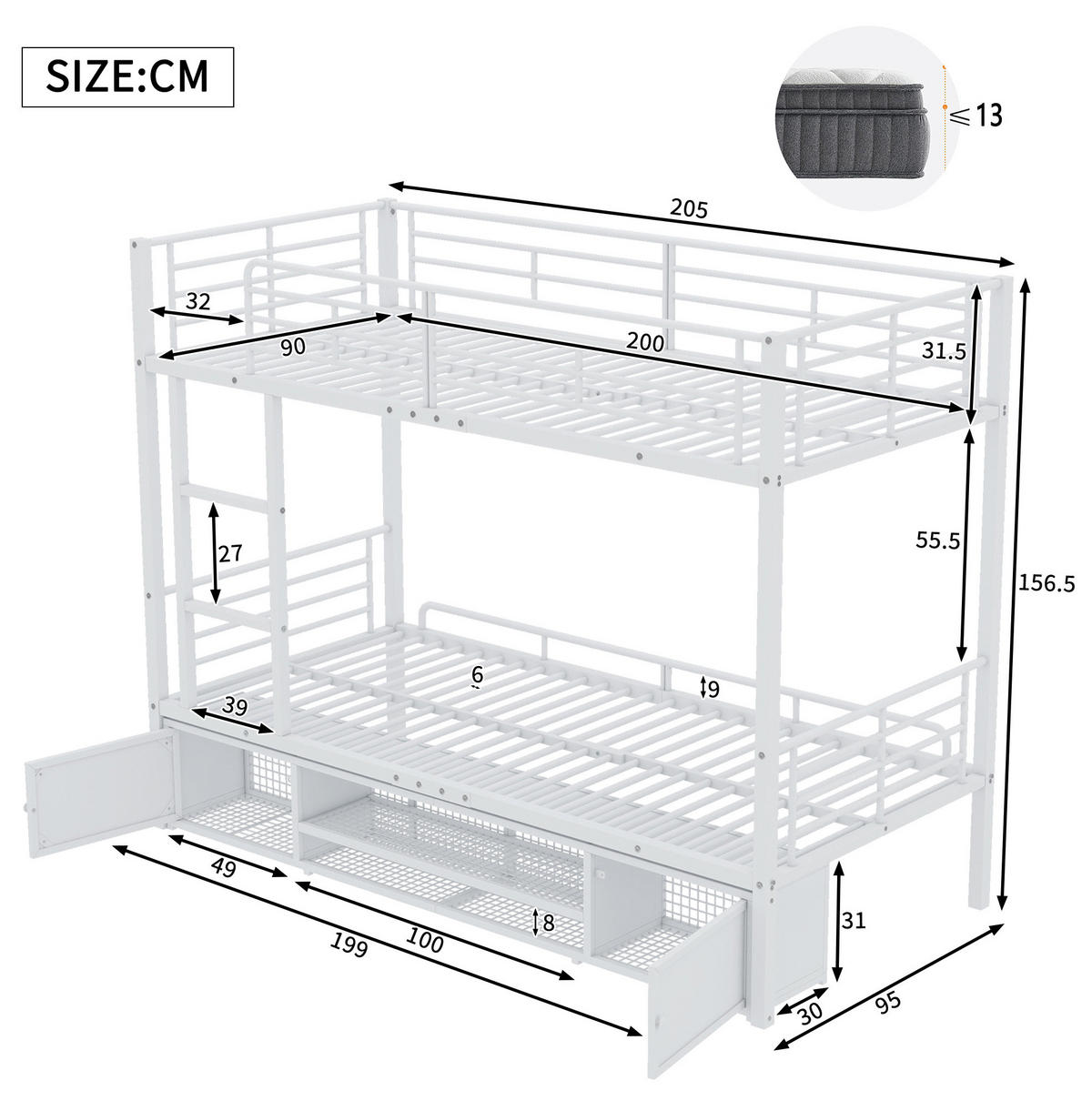 ETAGENBETT aus Metall 90x200 cm Weiß mit 3-stufiger Leiter, Fallschutz und Schuhablage mit Schrank - Weiß, Metall (90/200cm) - Modfu
