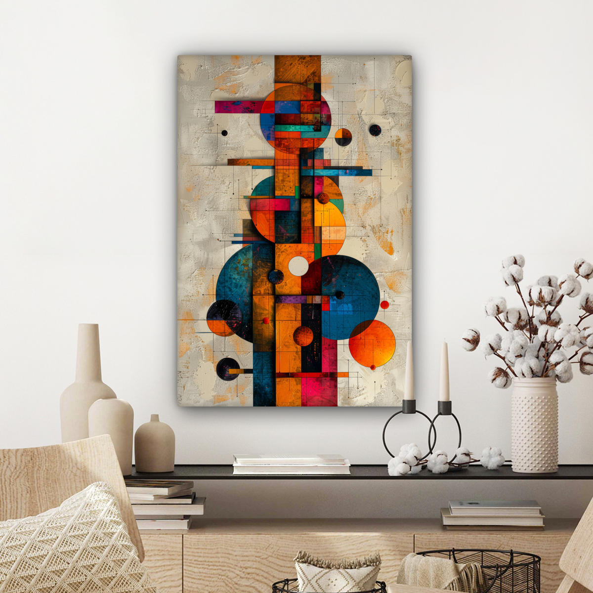 OBRAZ NA PLÁTNE Vintage - Moderné umenie - Oranžová - Geometrické tvary 60x90 cm - viacfarebná, textil (60/90cm) - MuchoWow