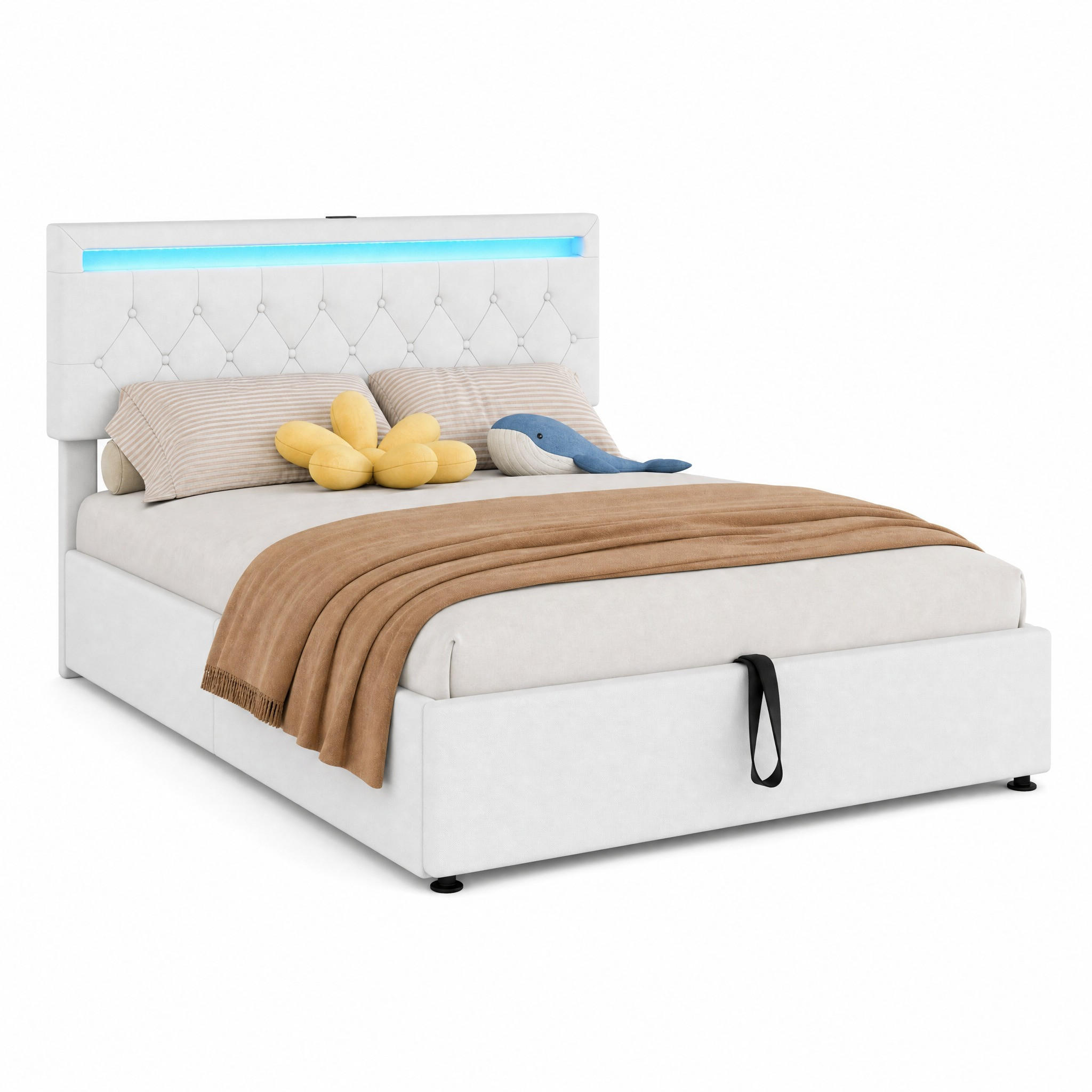 BETT mit Stauraum 140x200 cm Leinen Weiß mit LED, USB und USB-C - Weiß, Metall (140/200cm) - Meubliv