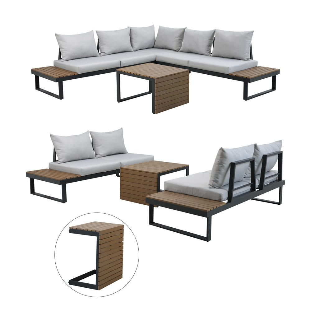 SET DE RELAXARE PENTRU GRĂDINĂ MARBELLA Modular, cu canapea, colț și masă - gri, compozit lemnos - RAUMHIRSCH FURNITURE