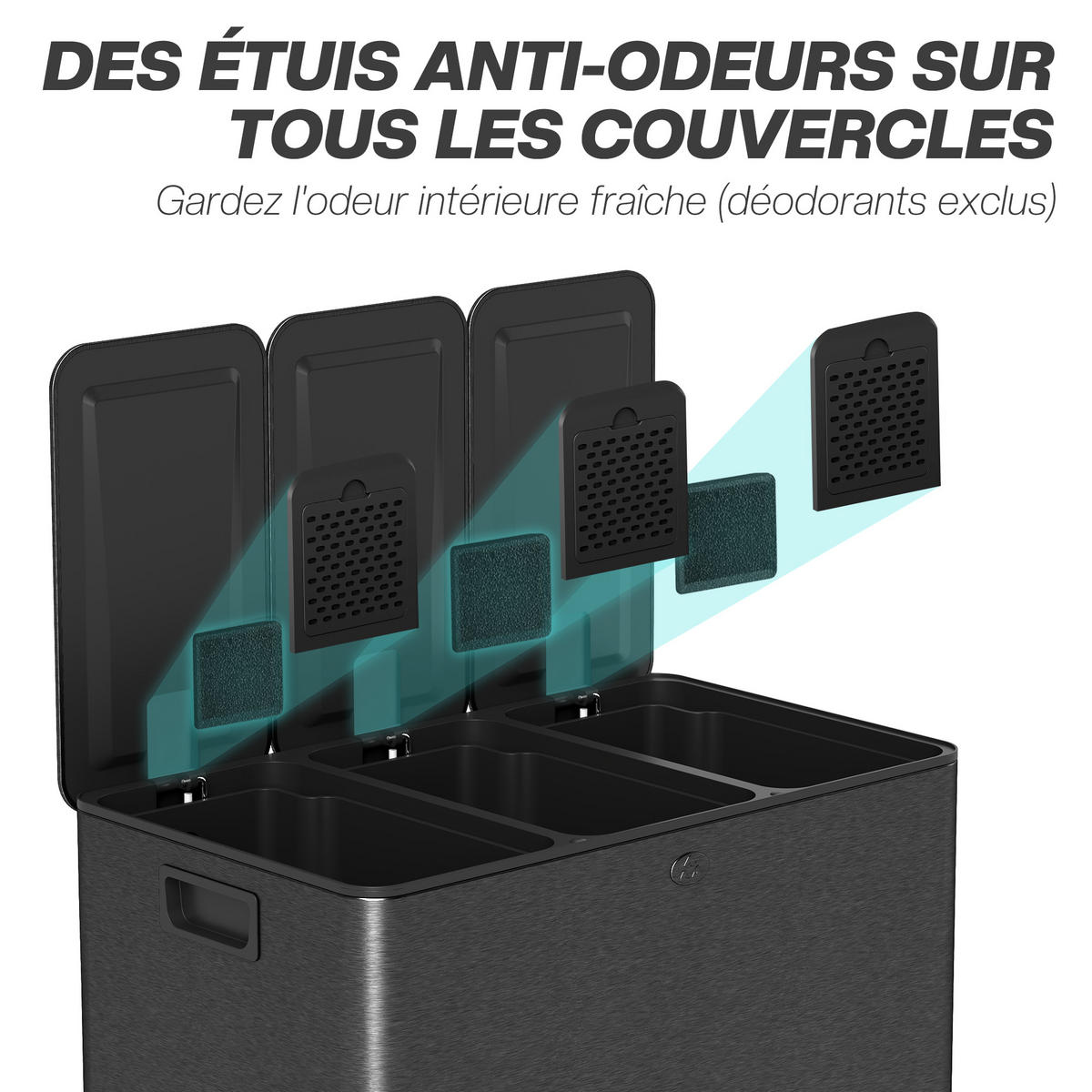 MÜLLTRENNSYSTEM Schwarz Edelstahl Soft-Close Pedal 3x20L - Schwarz, Metall (61.9/56.7/36.6cm) - PANGIVO