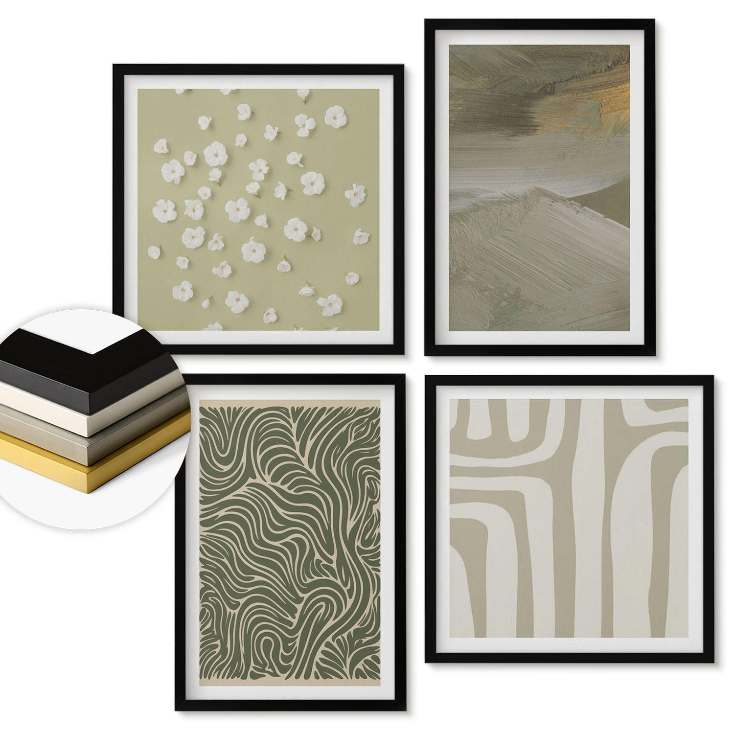WANDBILDER 4er-Set - 50x50 cm & 40x60 cm Schwarzer Rahmen - Abstrakte Boho-Muster - Schwarz, Kunststoff (50/50cm) - ArtPrintCave