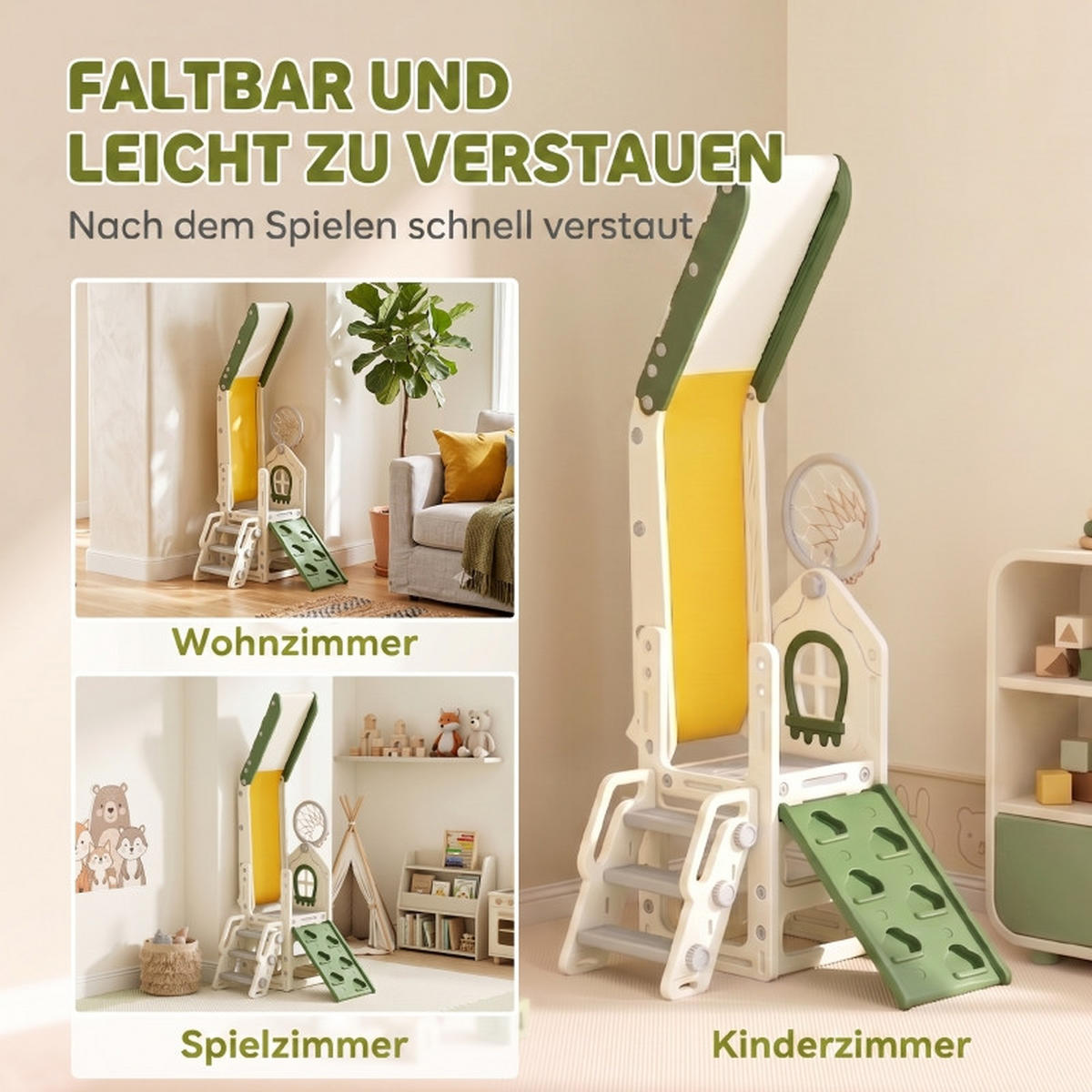 KINDERRUTSCHE 4-in-1 und Basketballkorb faltbar für 1–3 Jahre Cremeweiß - Ecru, Kunststoff (100/84/191cm) - Korfee