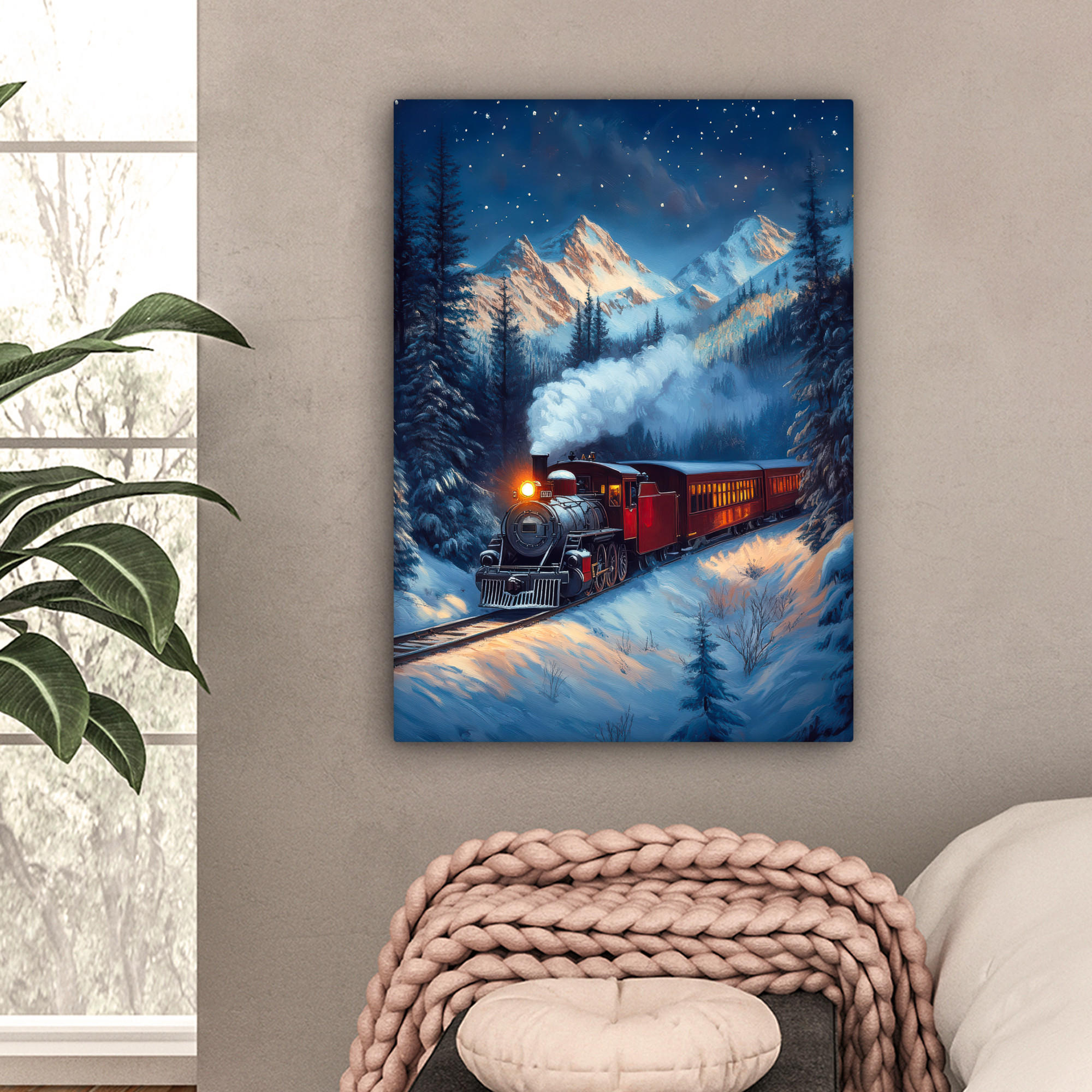 LEINWANDBILD Zug - Weihnachten - Schnee - Weihnachtszug 60x80 cm - Anthrazit, Textil (60/80cm) - MuchoWow