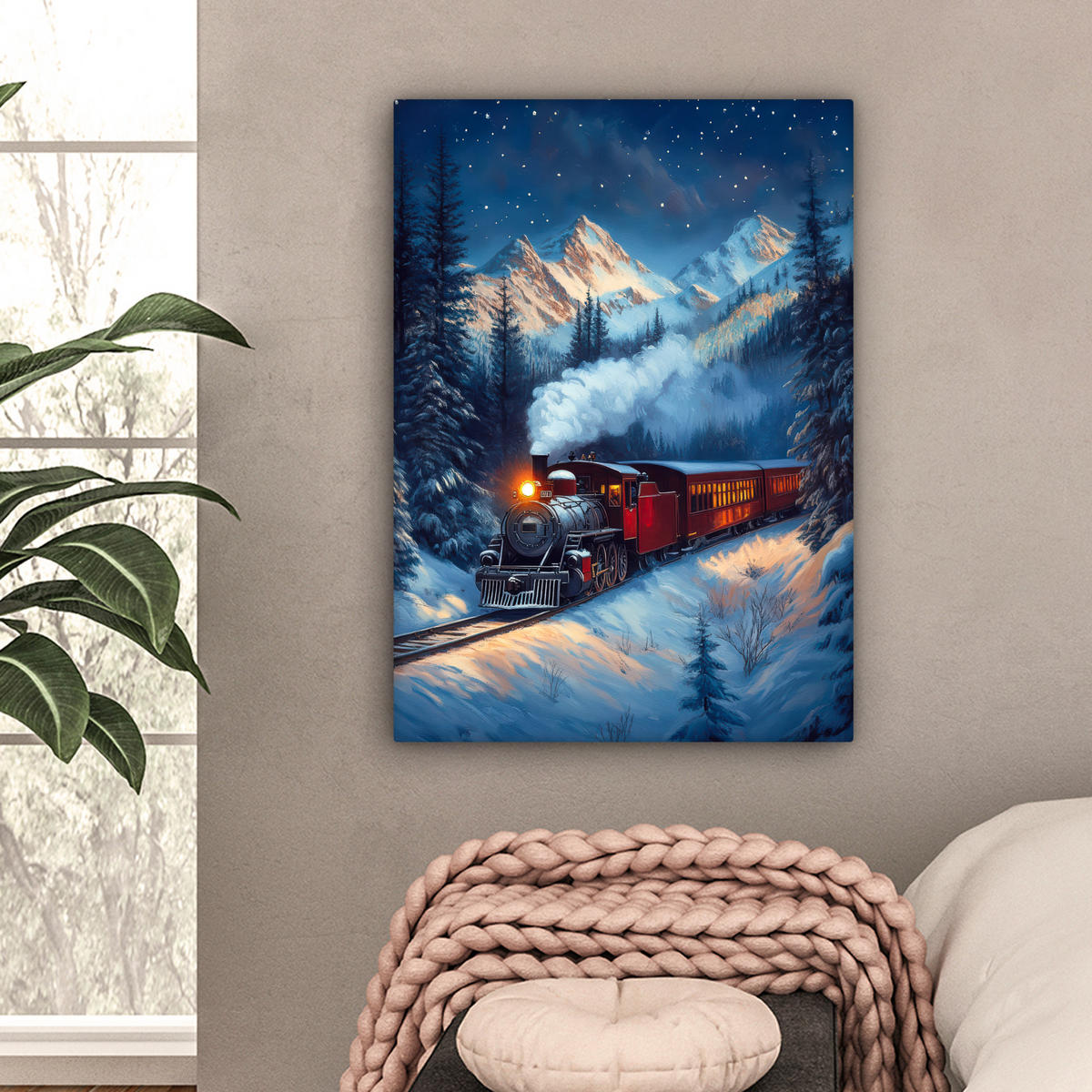 LEINWANDBILD Zug - Weihnachten - Schnee - Weihnachtszug 60x80 cm - Anthrazit, Textil (60/80cm) - MuchoWow